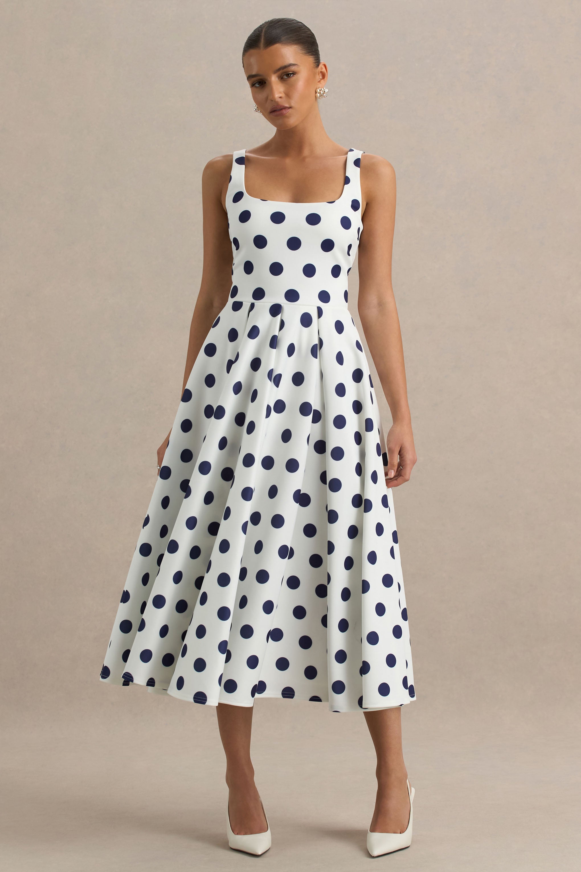 Berta | White And Navy Polka-Dot Square-Neck Midi Dress