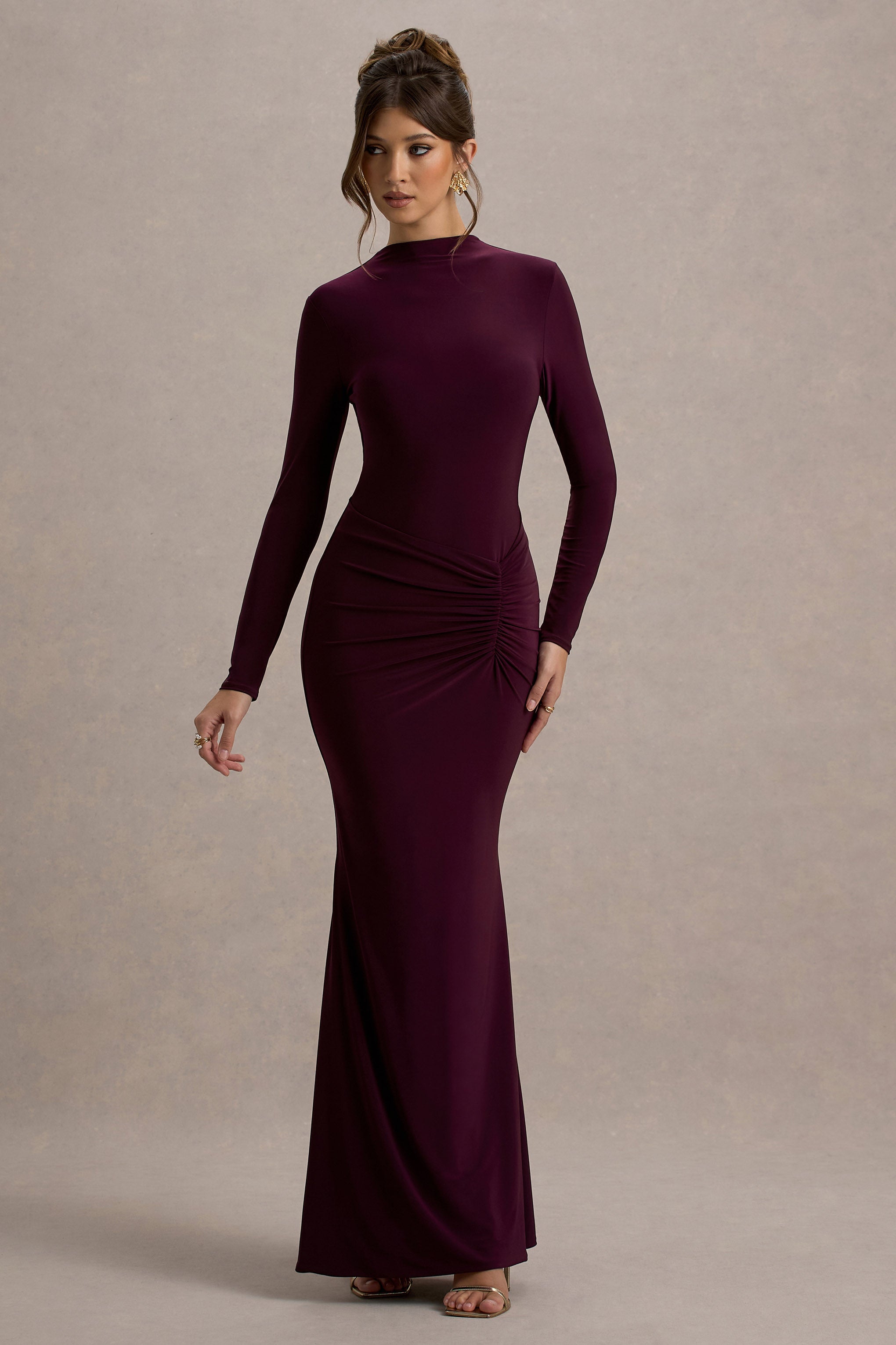 Reid | Plum Long-Sleeve Gathered Maxi Dress