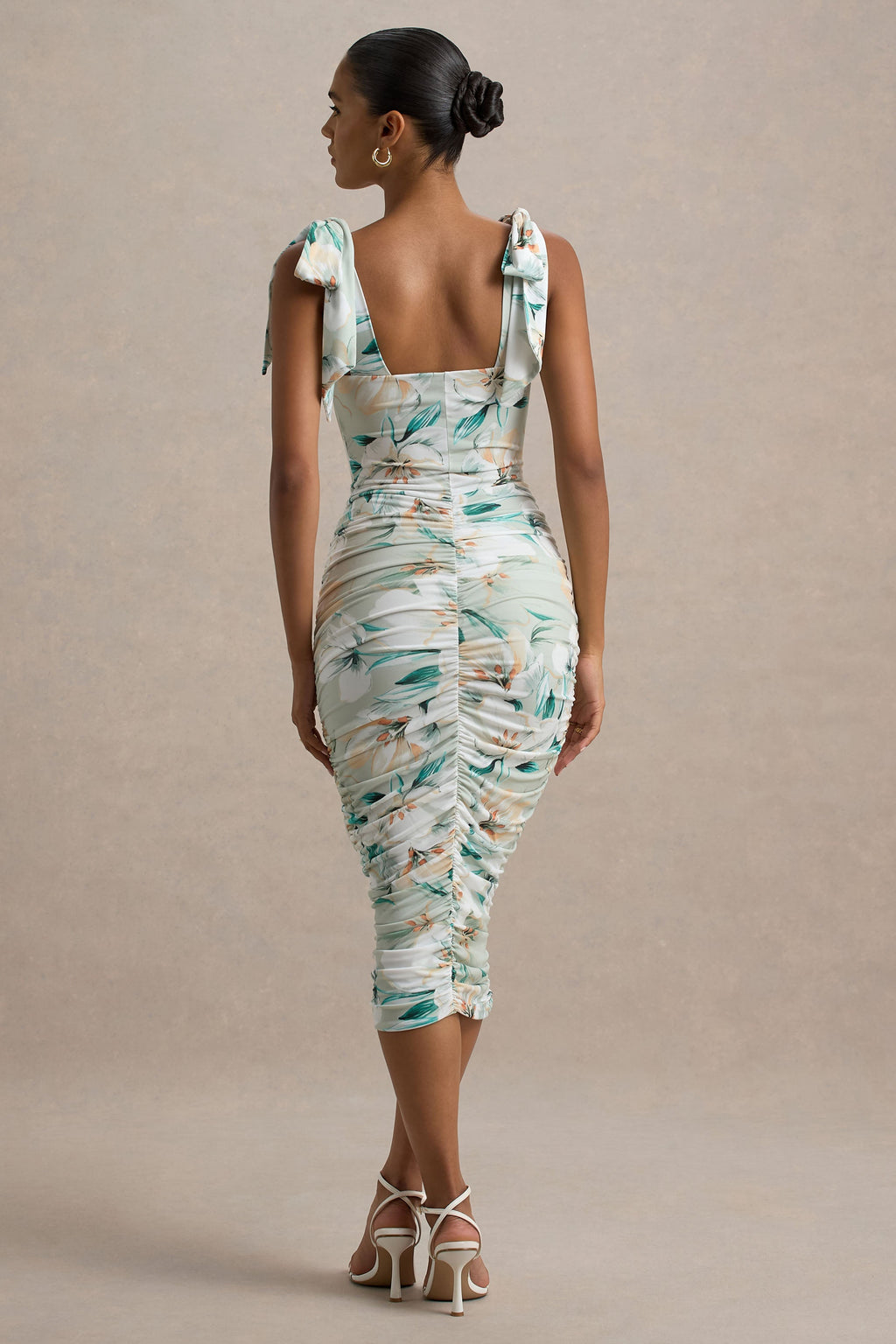 Cordelia | Green Floral Print Bodycon Midi Dress With Bow Straps