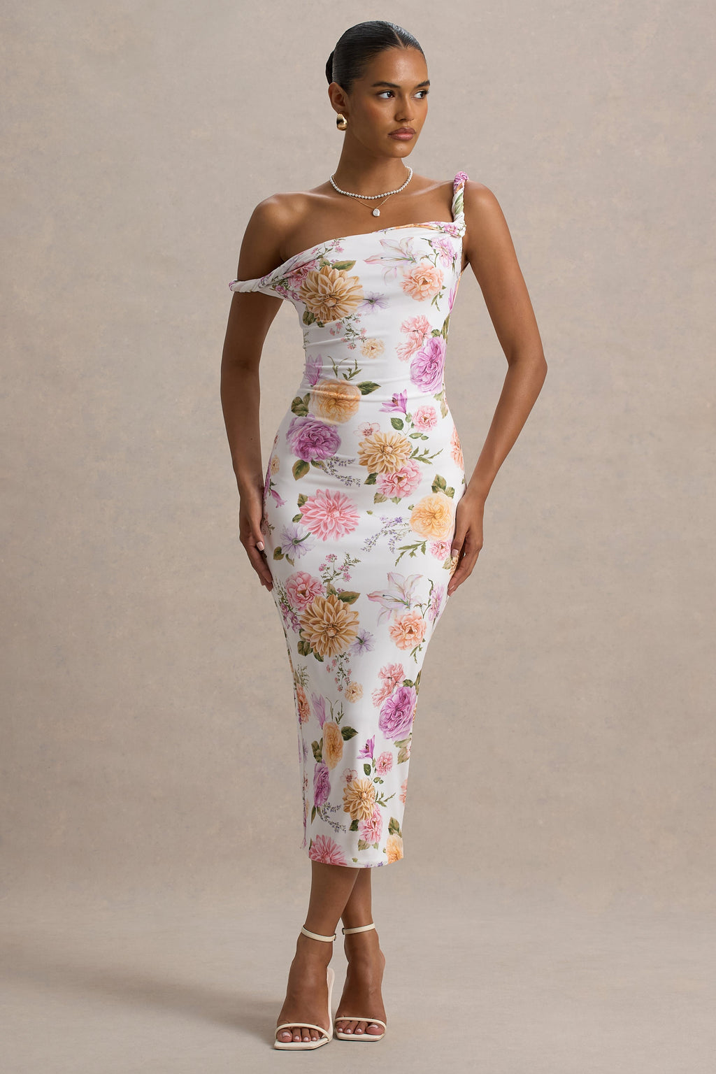 Nora | Peach And Lilac Floral Twisted Asymmetric Midi Dress
