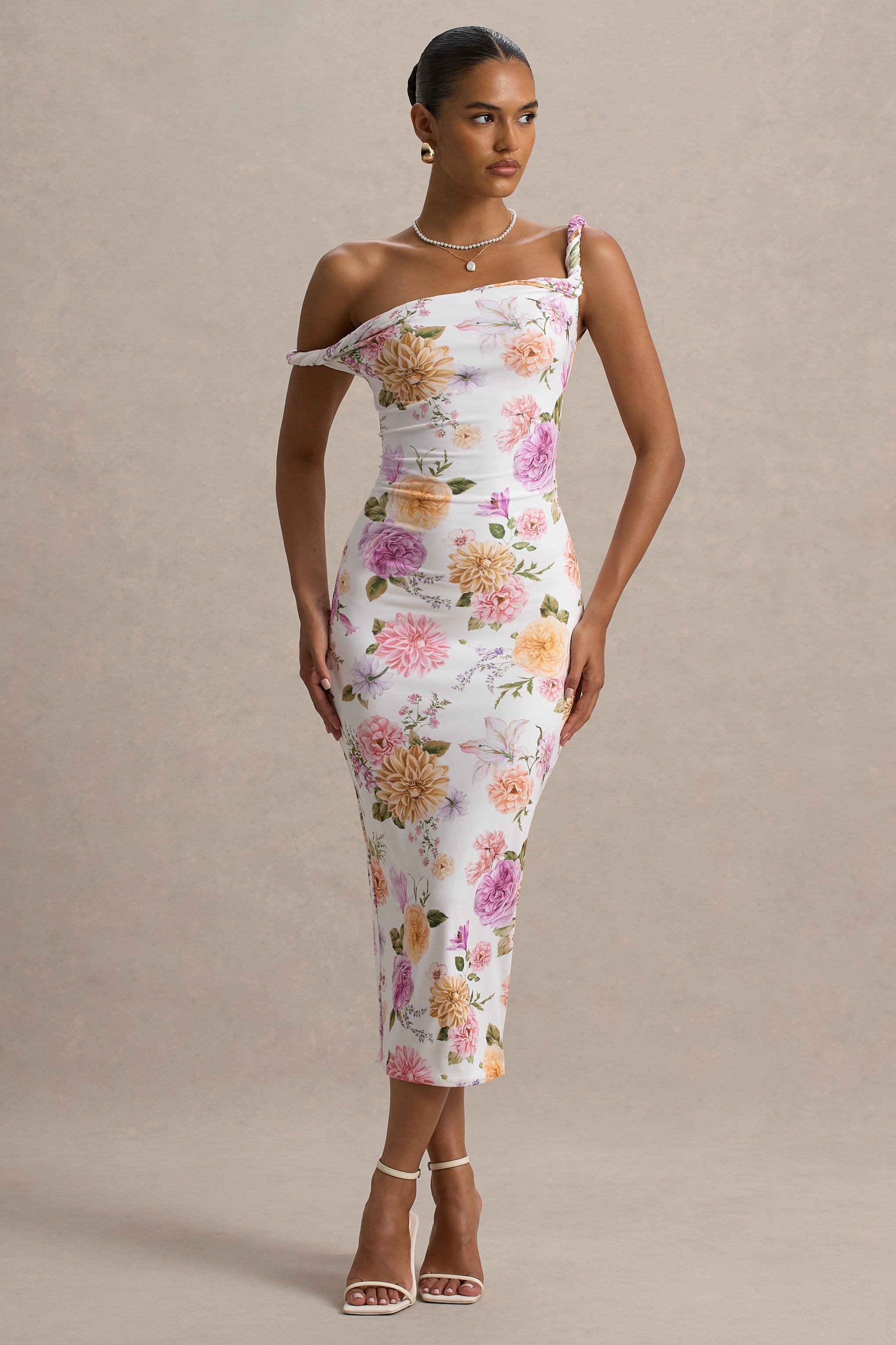 Nora | Peach And Lilac Floral Twisted Asymmetric Midi Dress