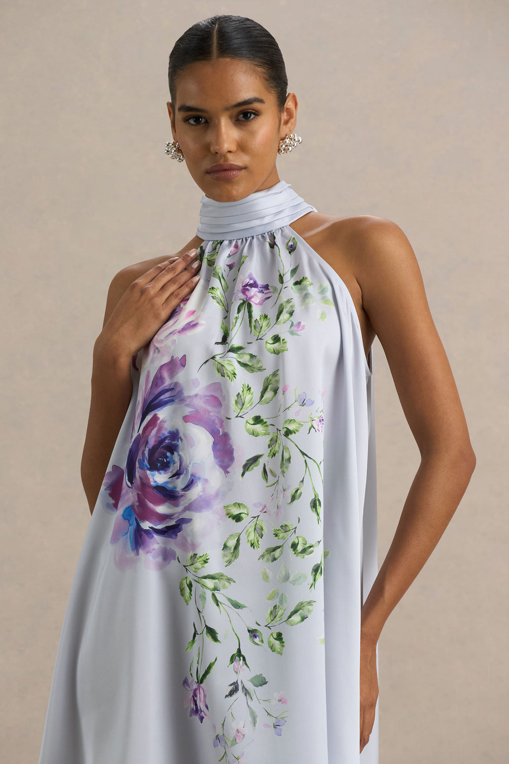 Evita | Powder Blue Rose Print High-Neck A-Line Mini Dress With Bow