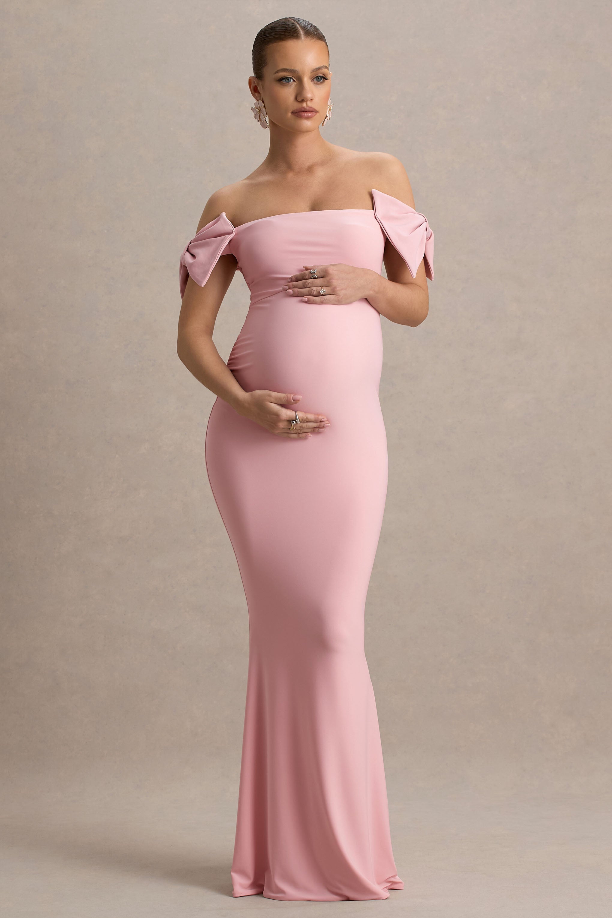 Didi | Pink Bardot Bow Detail Maternity Maxi Dress