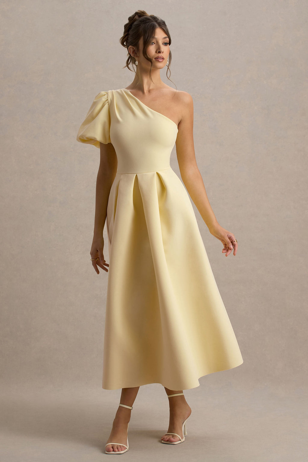Rochelle | Pale Lemon Asymmetric Puff-Sleeve Midi Dress