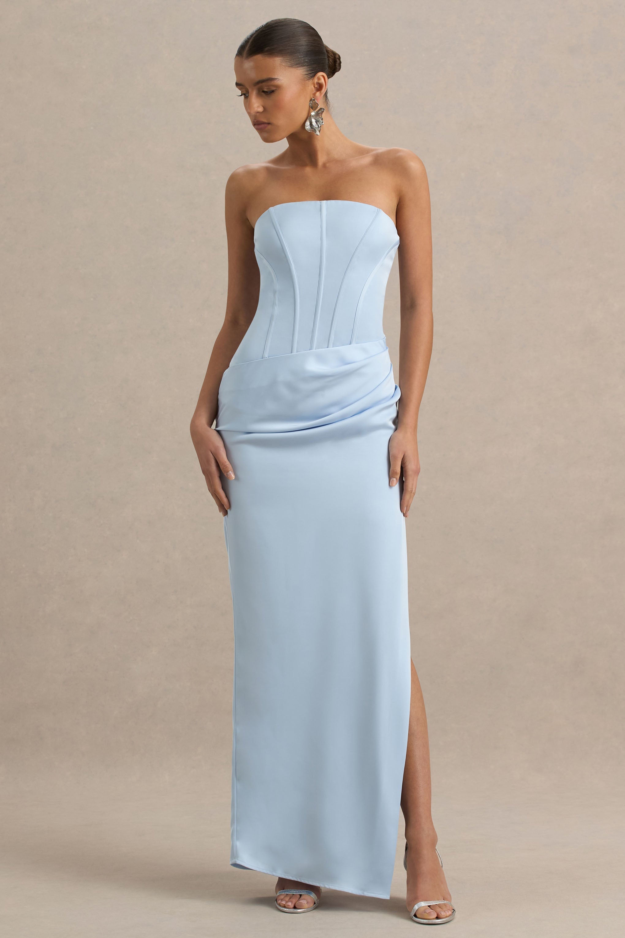 Joseline | Powder Blue Satin Corset Wrap Maxi Dress With Scarf