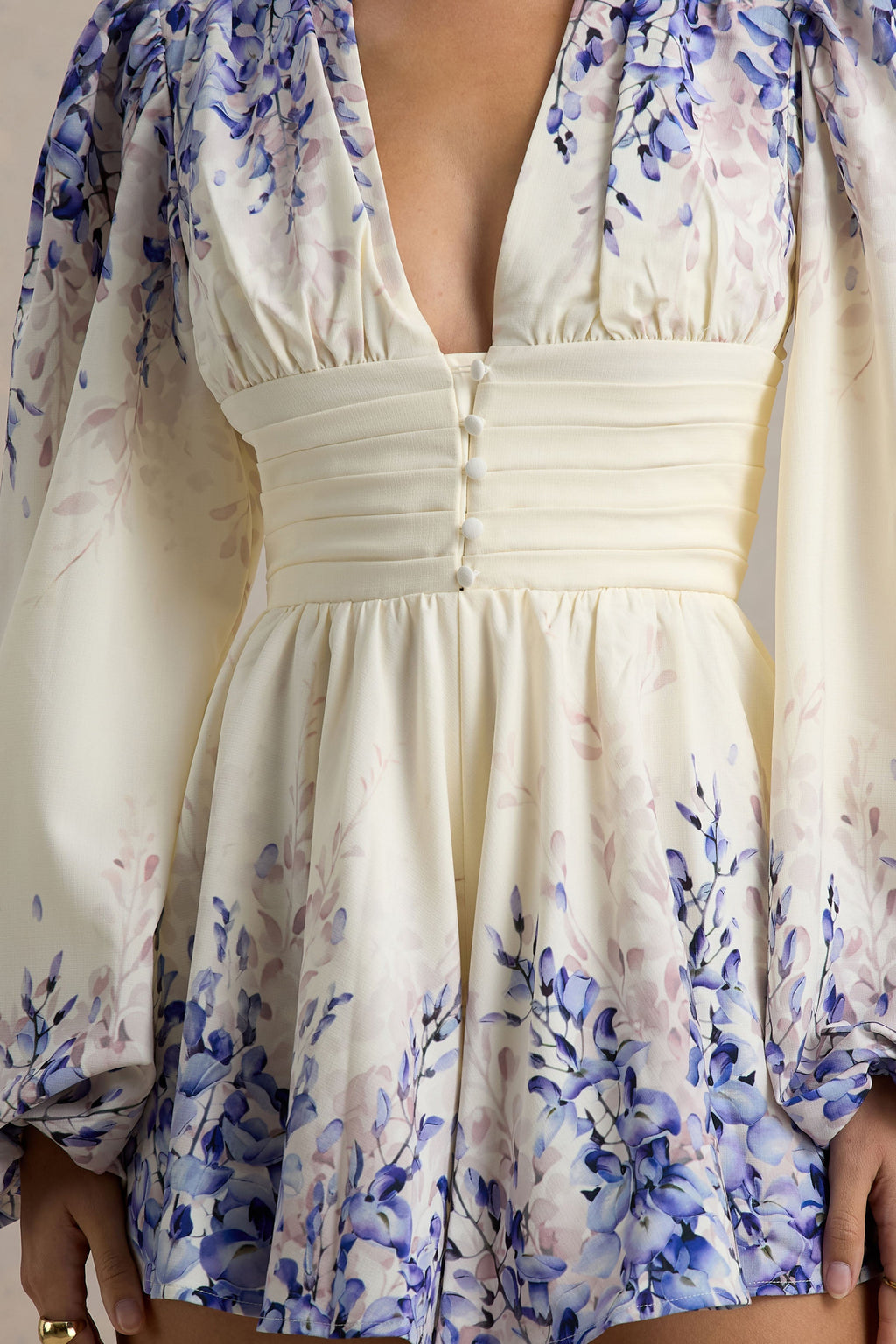 Nalla | Wisteria Print Linen Plunge-Neck Playsuit