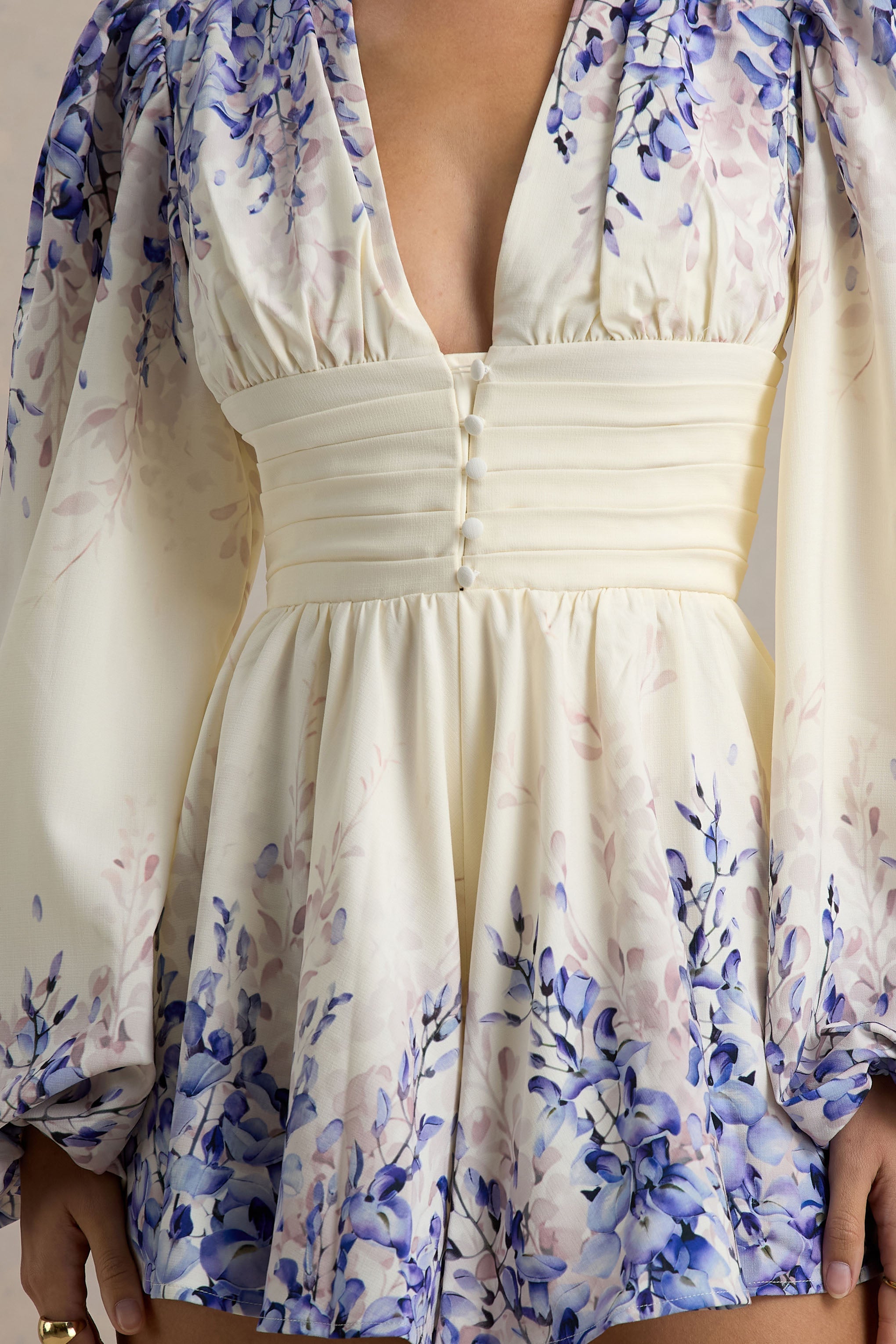 Nalla | Wisteria Print Linen Plunge-Neck Playsuit