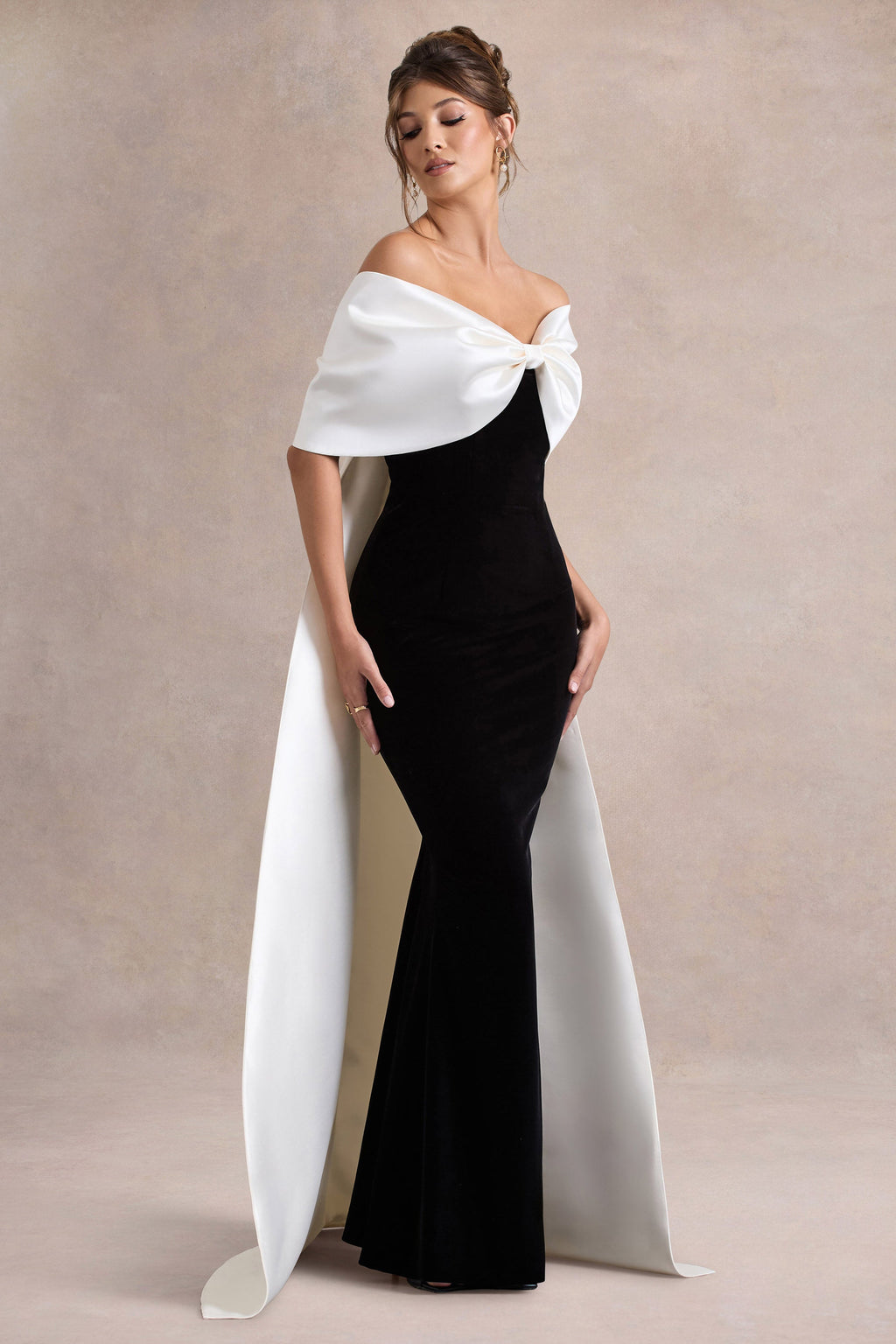 Wanting More | Black & White Satin Cape Maxi Dress With Oversized Bow