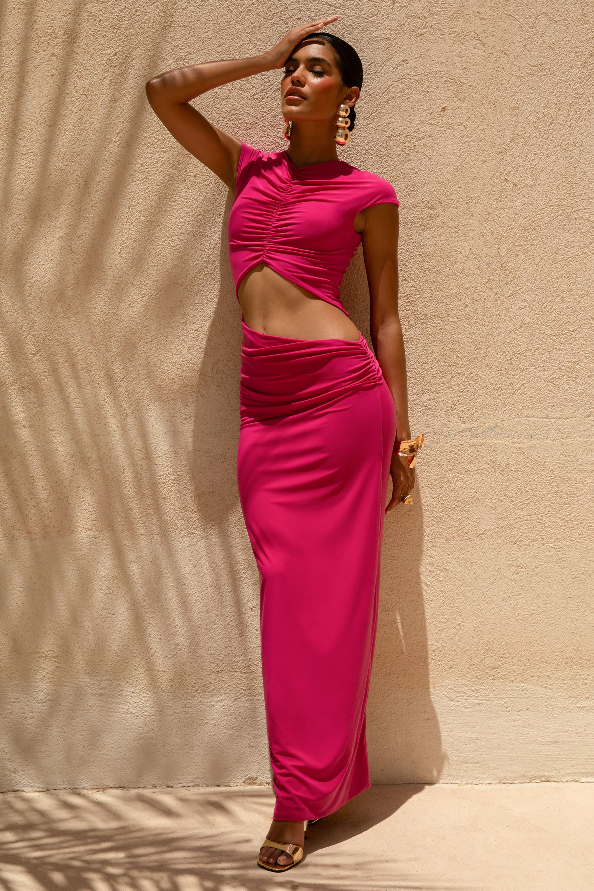 Pia | Hot Pink Short-Sleeve Maxi Dress With Cut-Out