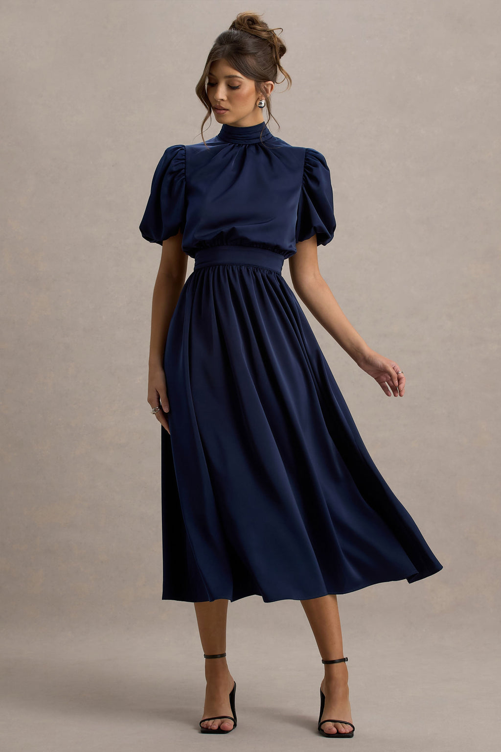 Persea | Navy Satin Puff-Sleeve Midi Dress With Bow