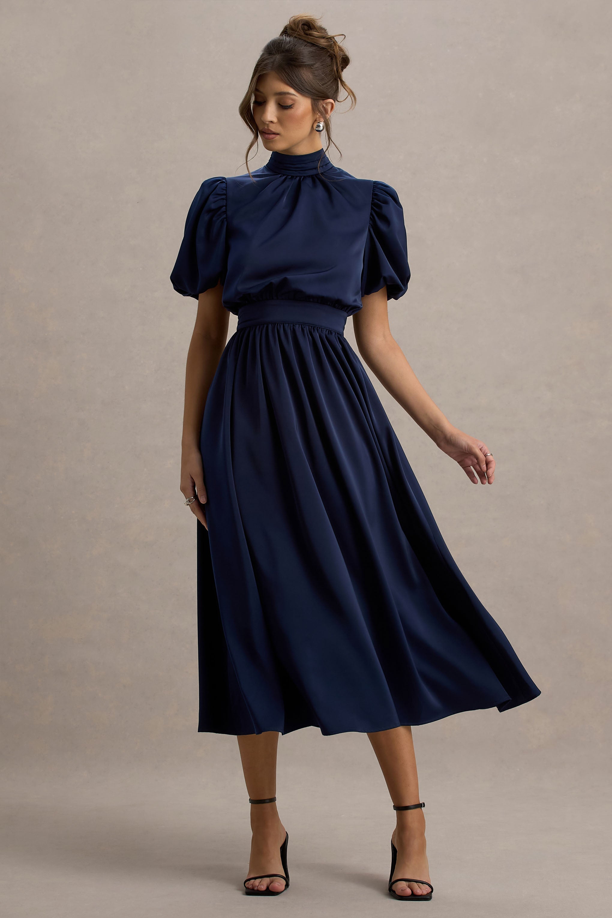 Persea | Navy Satin Puff-Sleeve Midi Dress With Bow