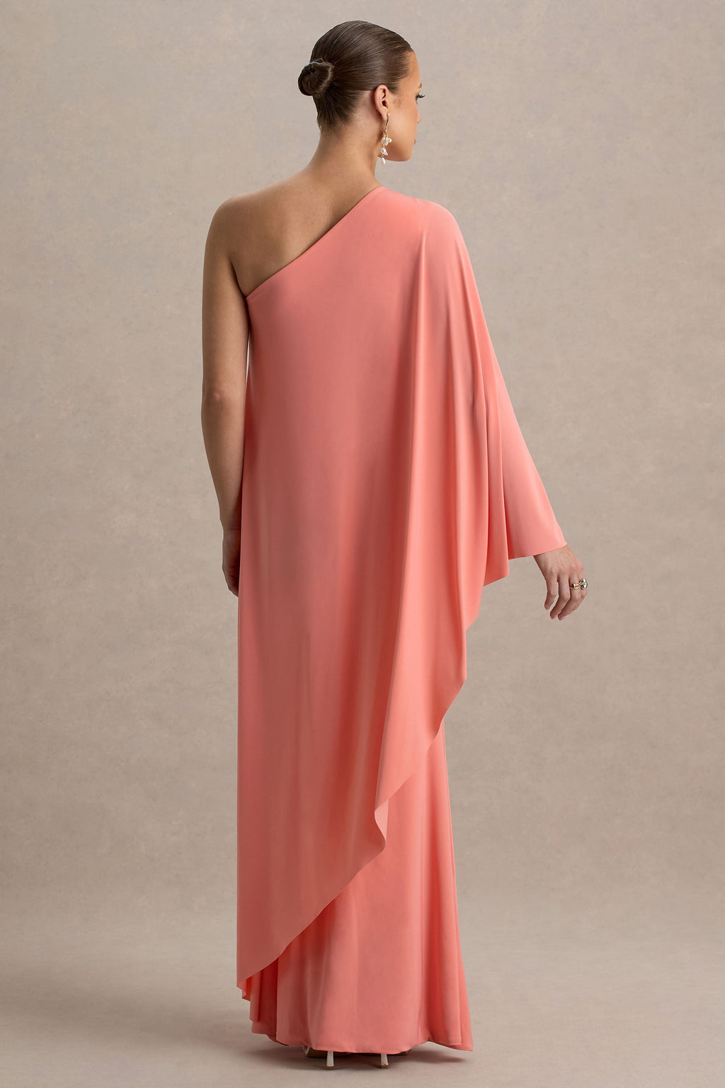 Waves | Coral Asymmetric Maternity Maxi Dress With One-Sleeve Cape