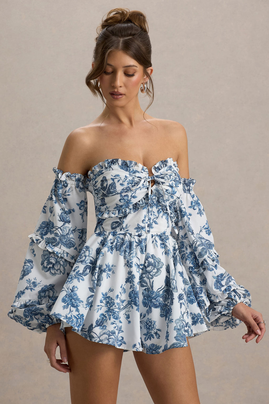 Ithaca | Blue Porcelain Print Bardot Ruffled Playsuit