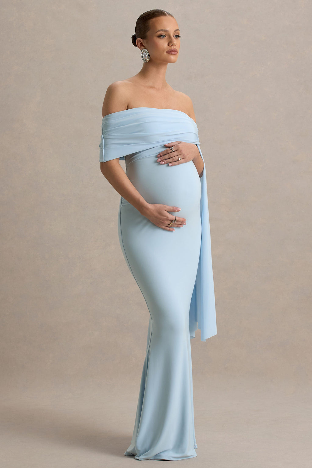 Aquila | Powder Blue Bardot Maternity Maxi Dress With Drape Sleeve