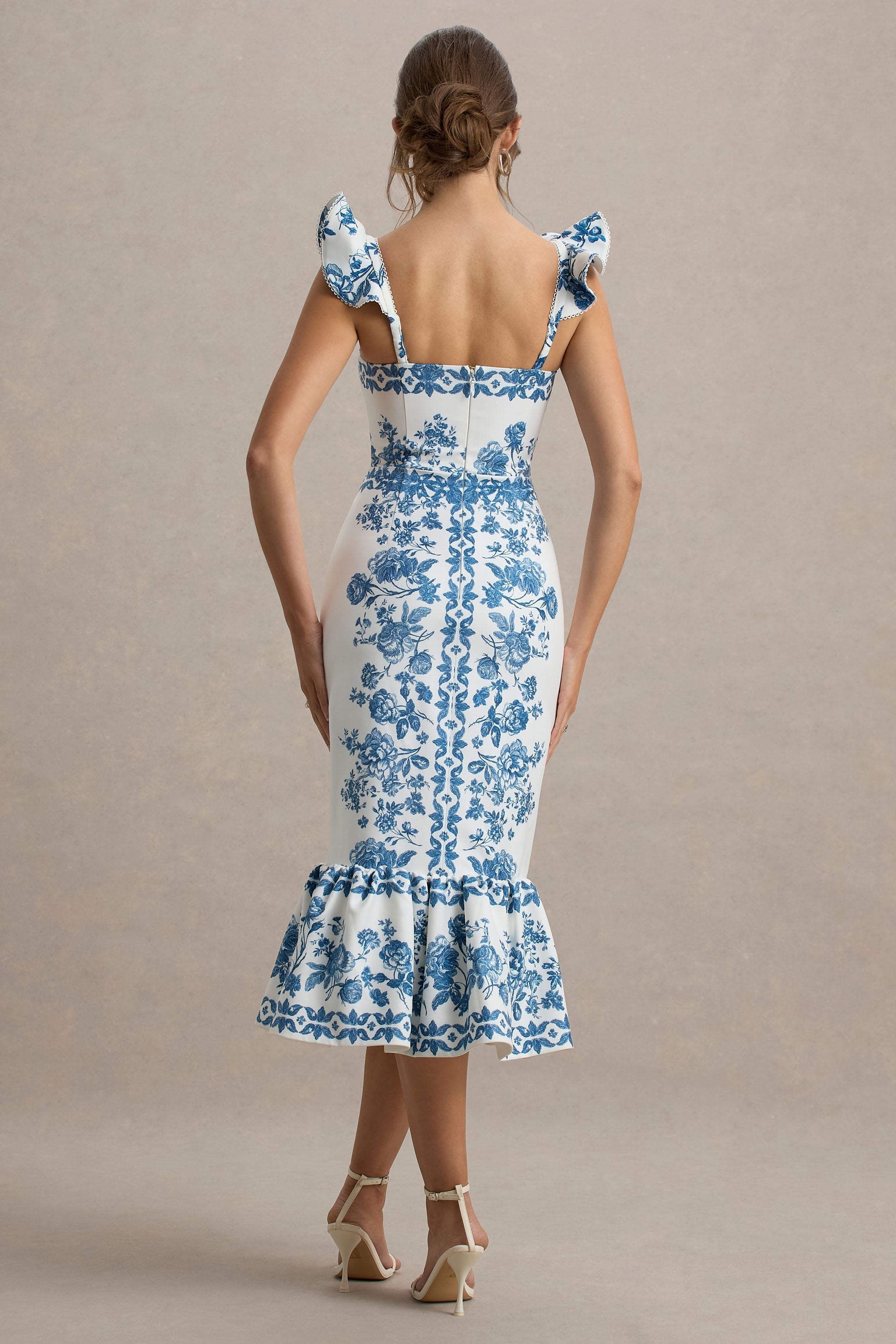 Sarey | Blue Porcelain Print Ruffle Midi Dress