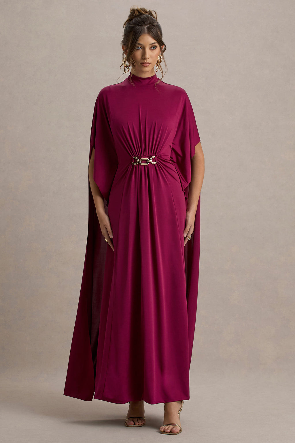 Olessia | Burgundy Belted Gathered Cape-Sleeve Maxi Dress