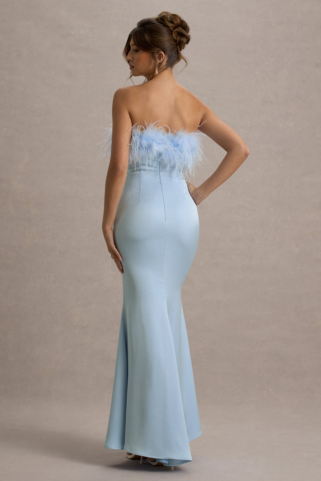 Dress For It | Powder Blue Satin Feather Trim Bandeau Maxi Dress