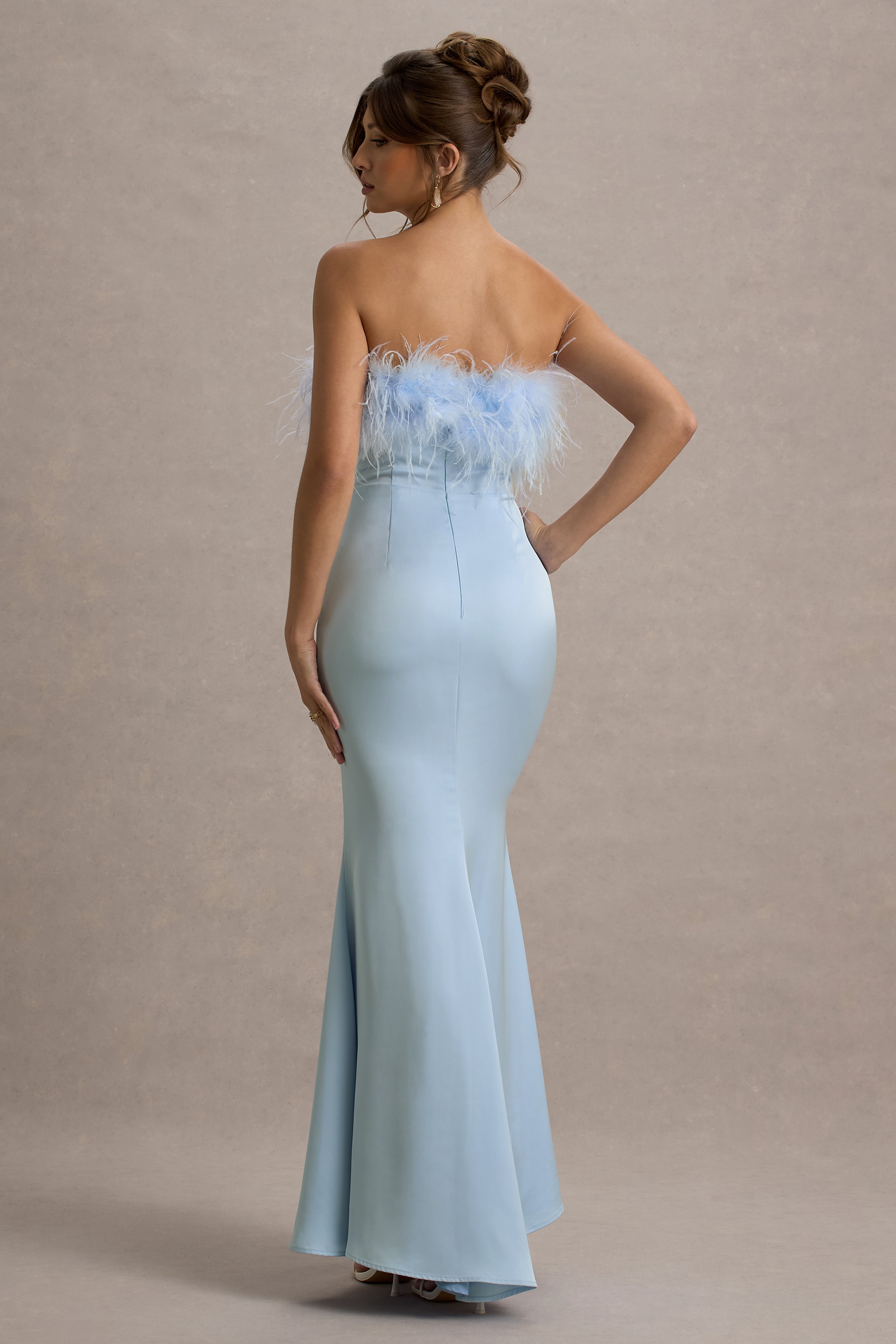 Dress For It | Powder Blue Satin Feather Trim Bandeau Maxi Dress