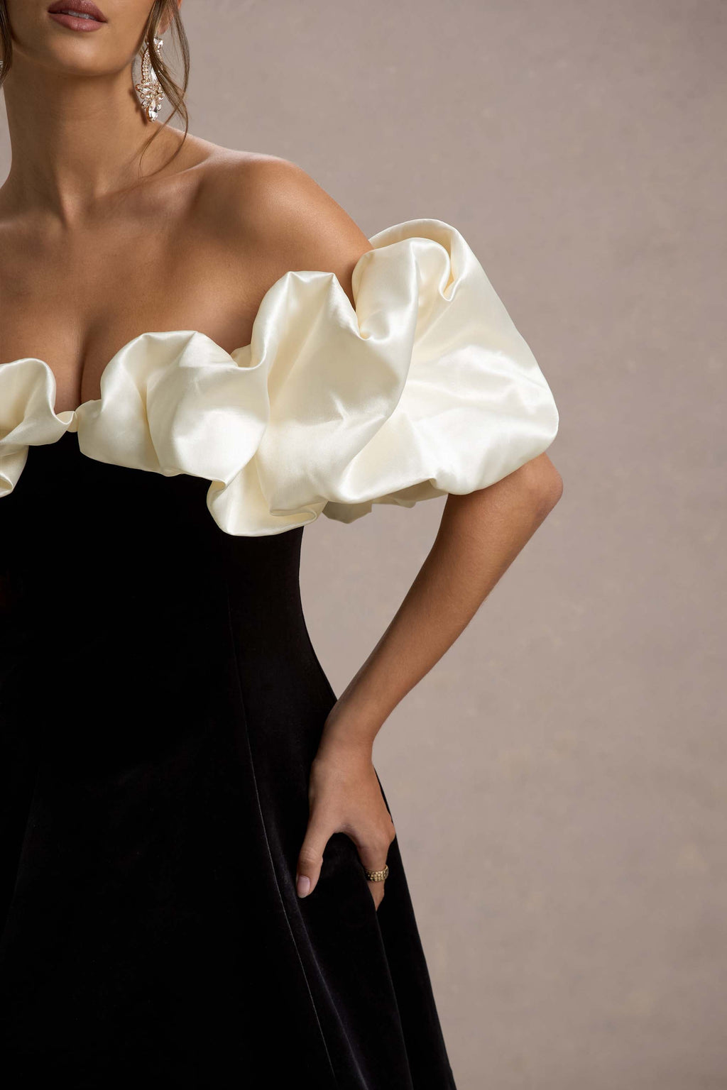 Brynne | Black & Cream Velvet Mini Dress With Satin Puff Sleeves