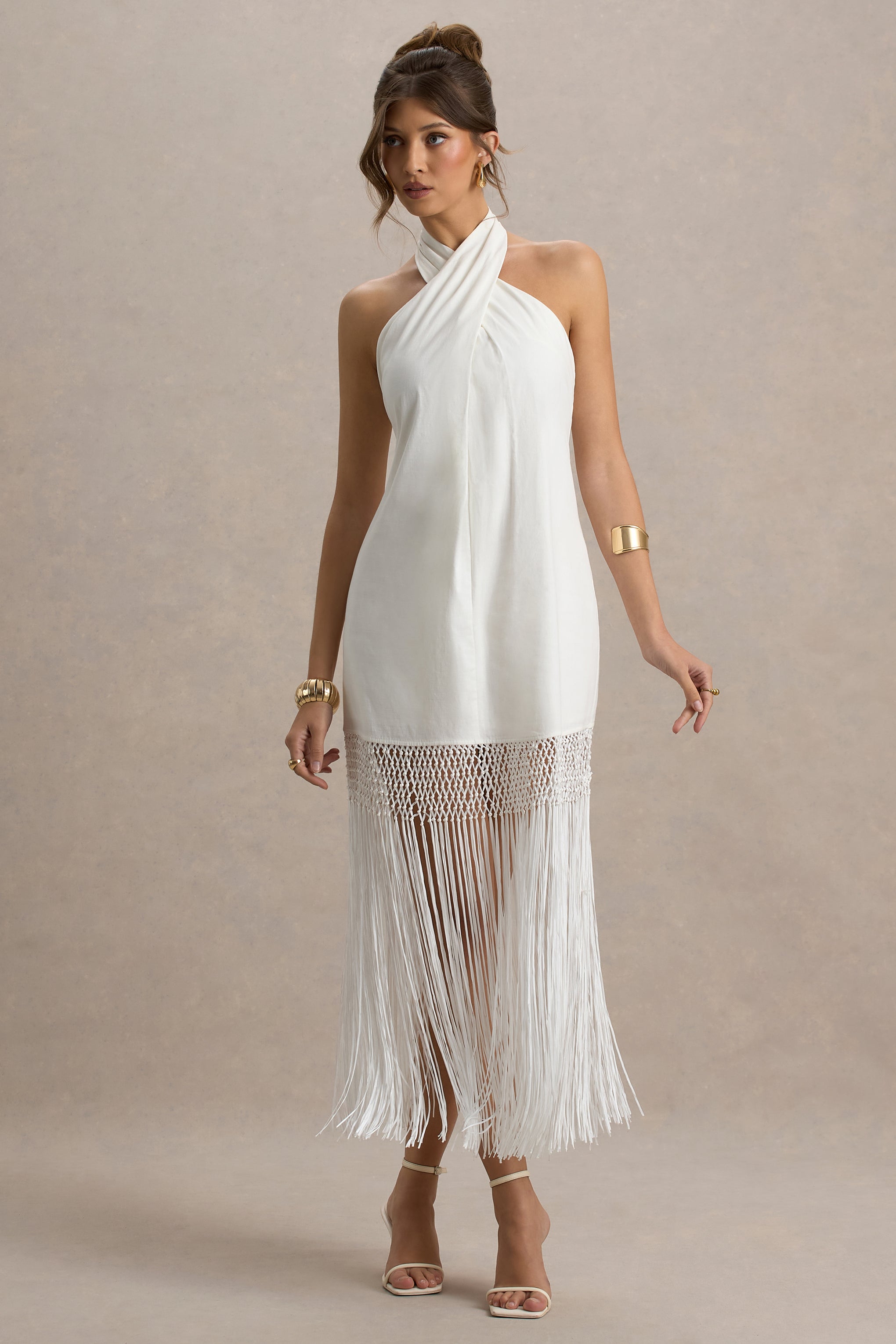 Fiametta | Ecru Linen Halter-Neck Fringe Maxi Dress