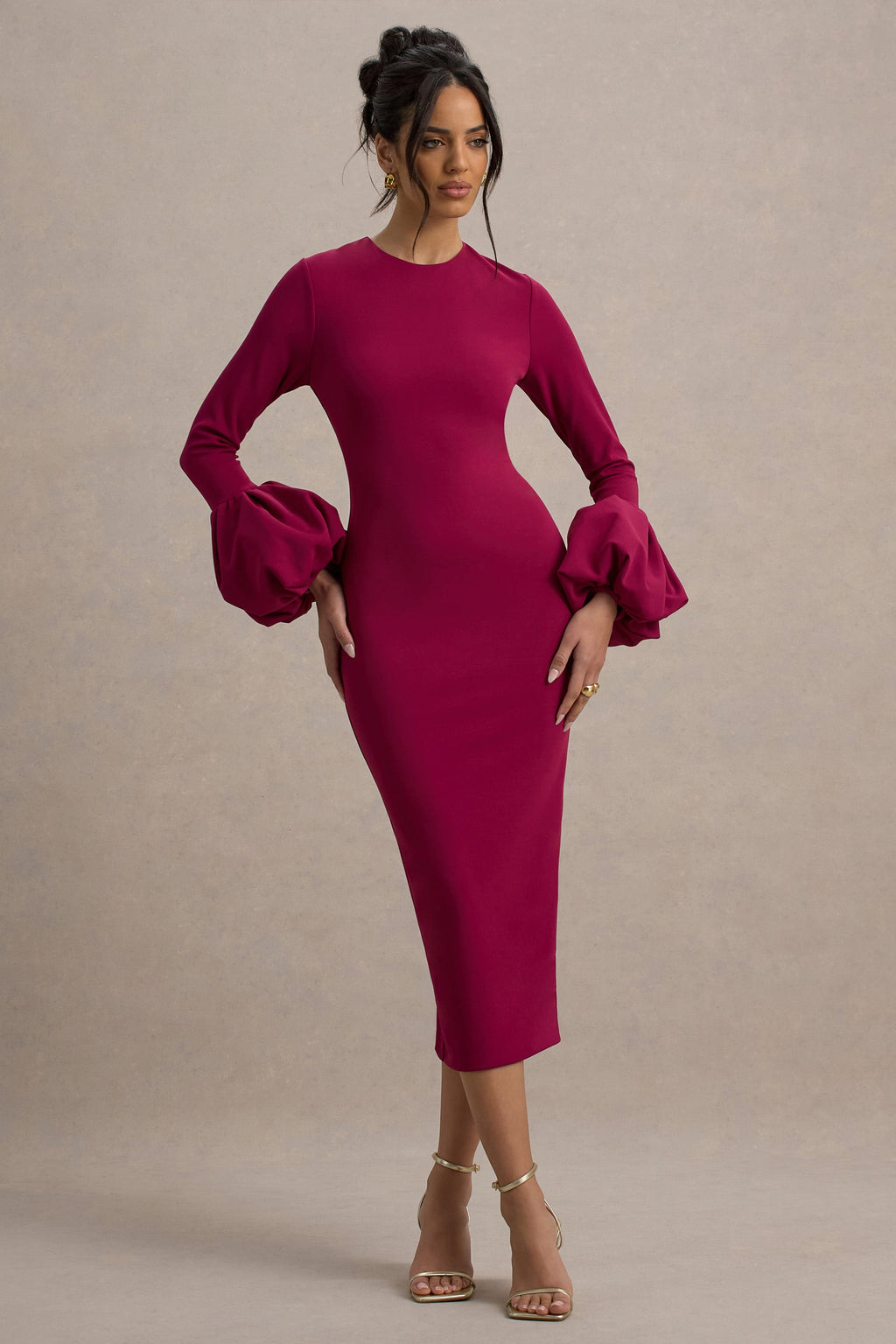 Celie | Mulberry Long-Sleeve Midi Dress With Puff Cuffs