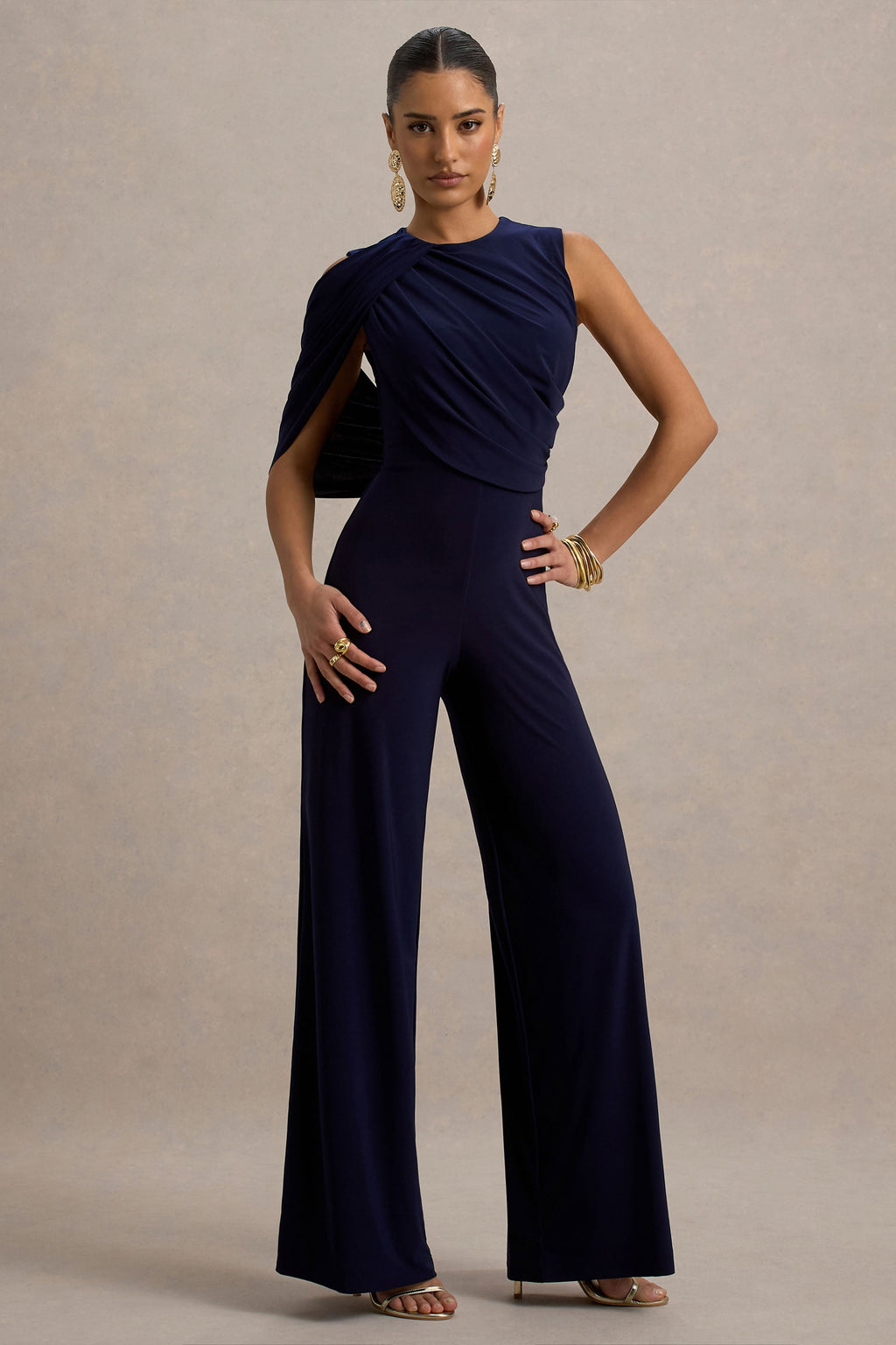 Opulence | Navy Jumpsuit With Cape Sleeve and Draped Details