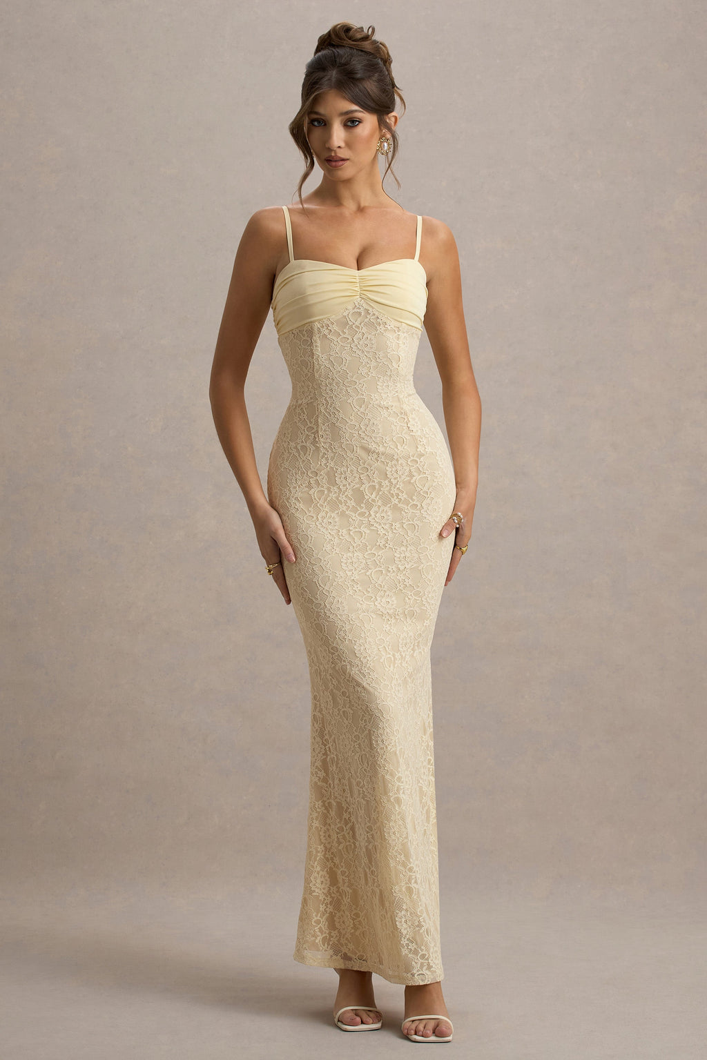 Felicia | Pale Lemon Satin Sweetheart Maxi Dress With Lace Details