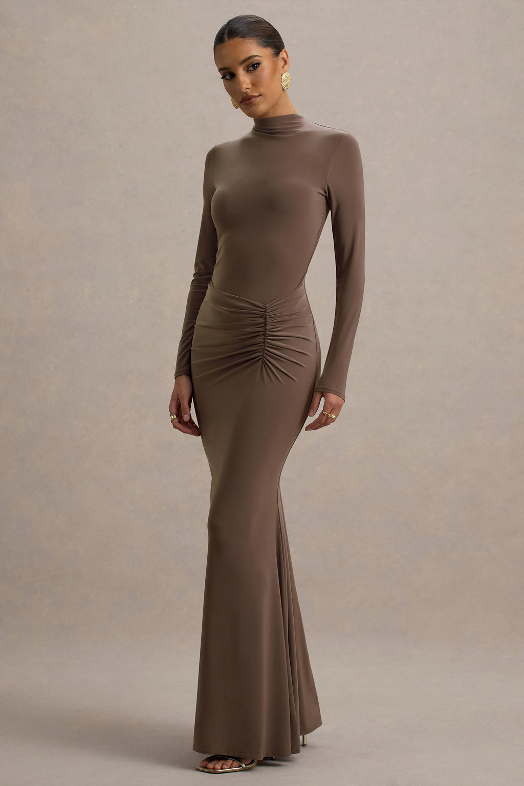 Reid | Brown Long-Sleeve Gathered Maxi Dress