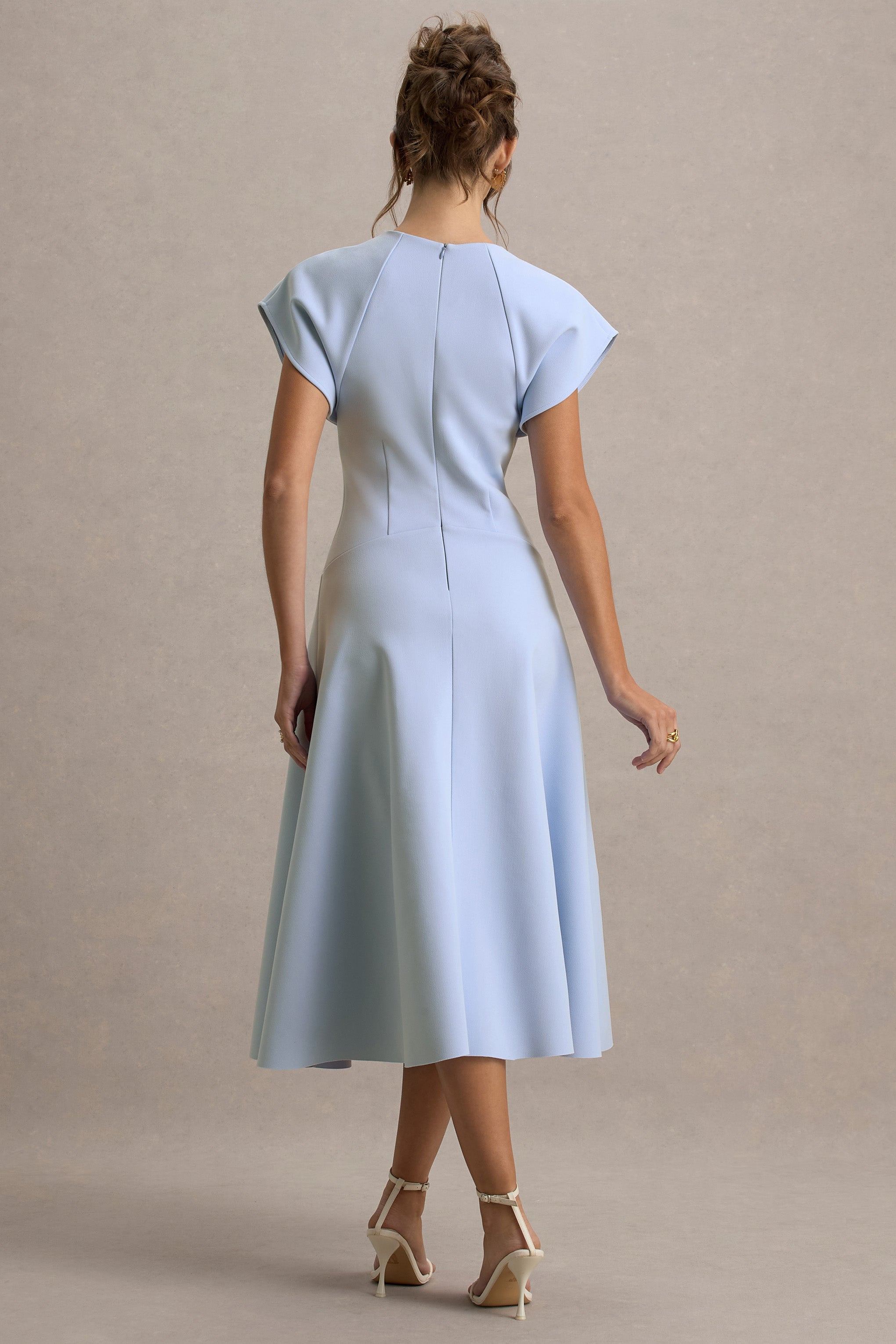 Linda | Powder Blue High-Neck Cap-Sleeve Midi Dress