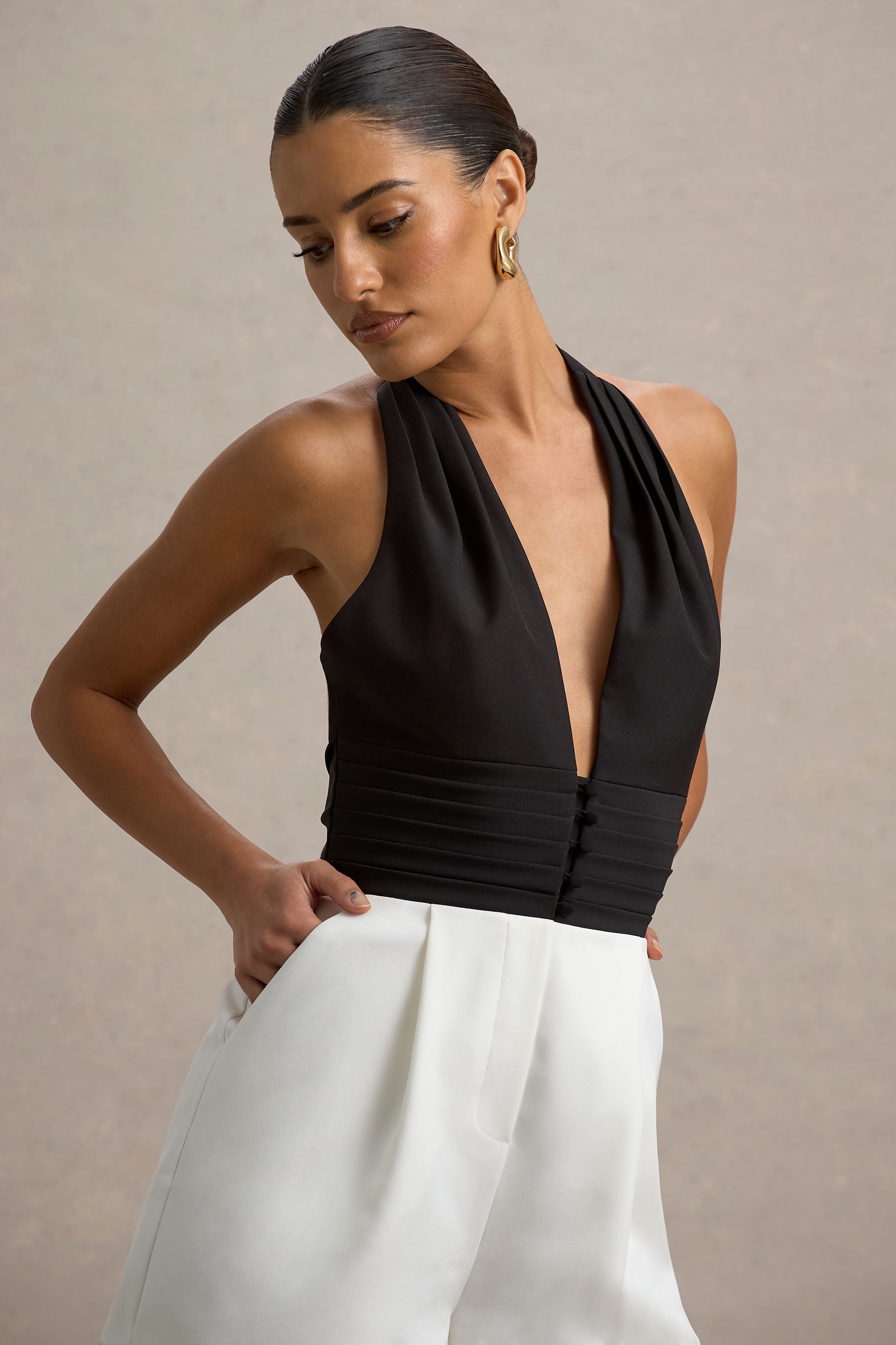 Elea | Black & Ecru Plunge-Neck Playsuit