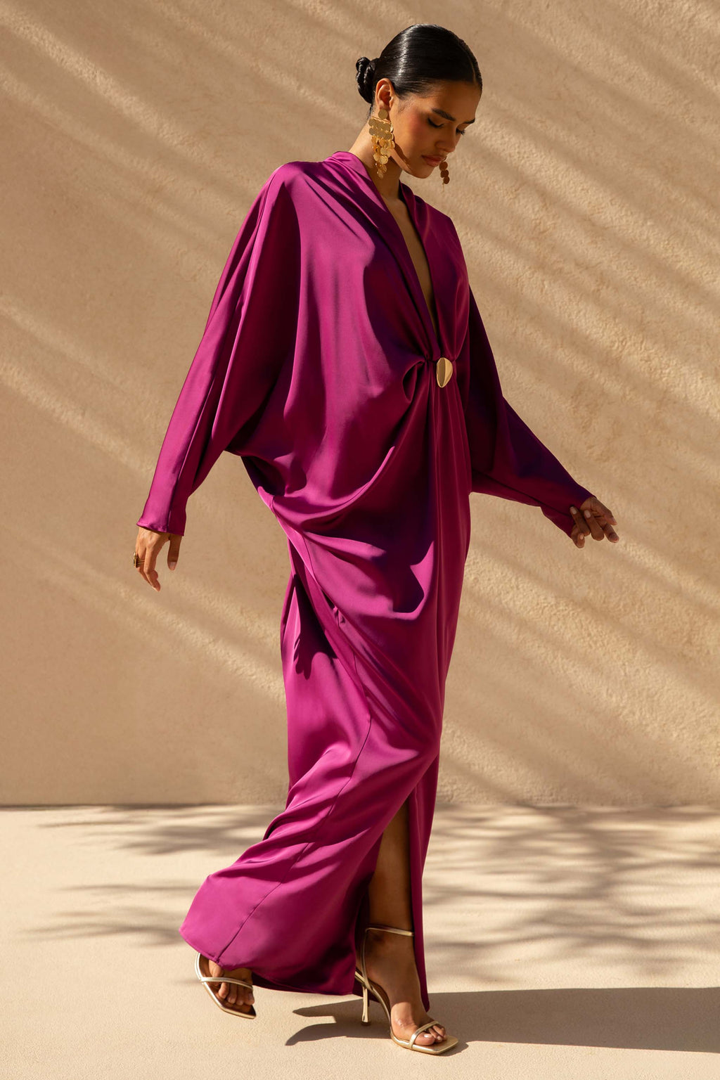 Tina | Pink Satin Plunge-Neck Embellished Maxi Dress