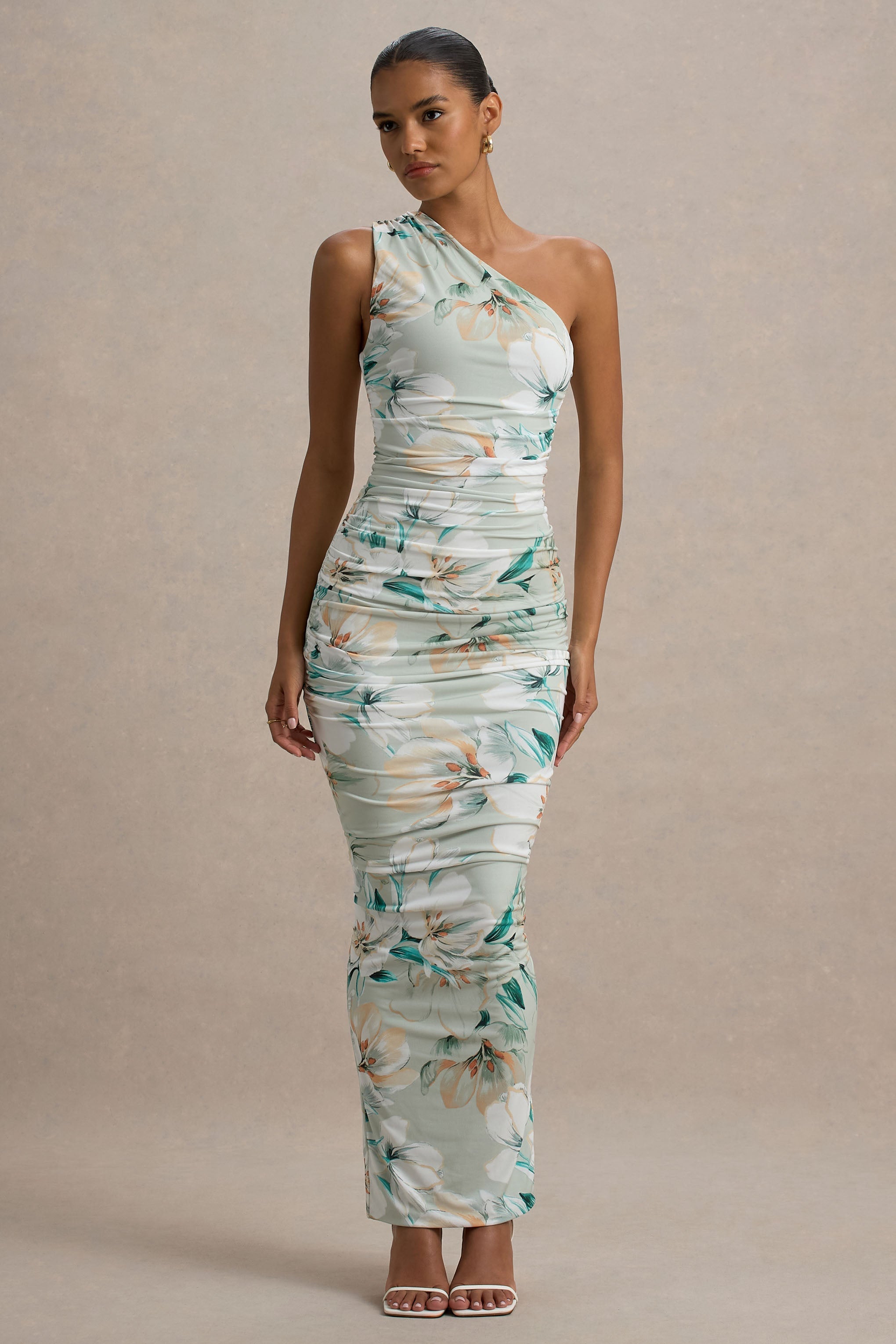 Dalarie | Green Floral Print One-Shoulder Gathered Maxi Dress