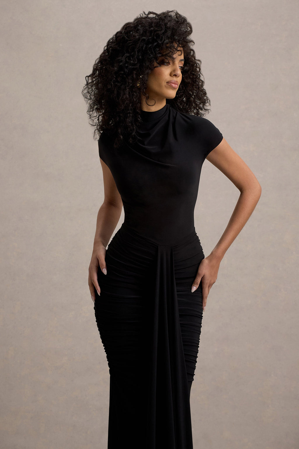 Lorenza | Black High-Neck Ruched Maxi Dress With Draped Skirt