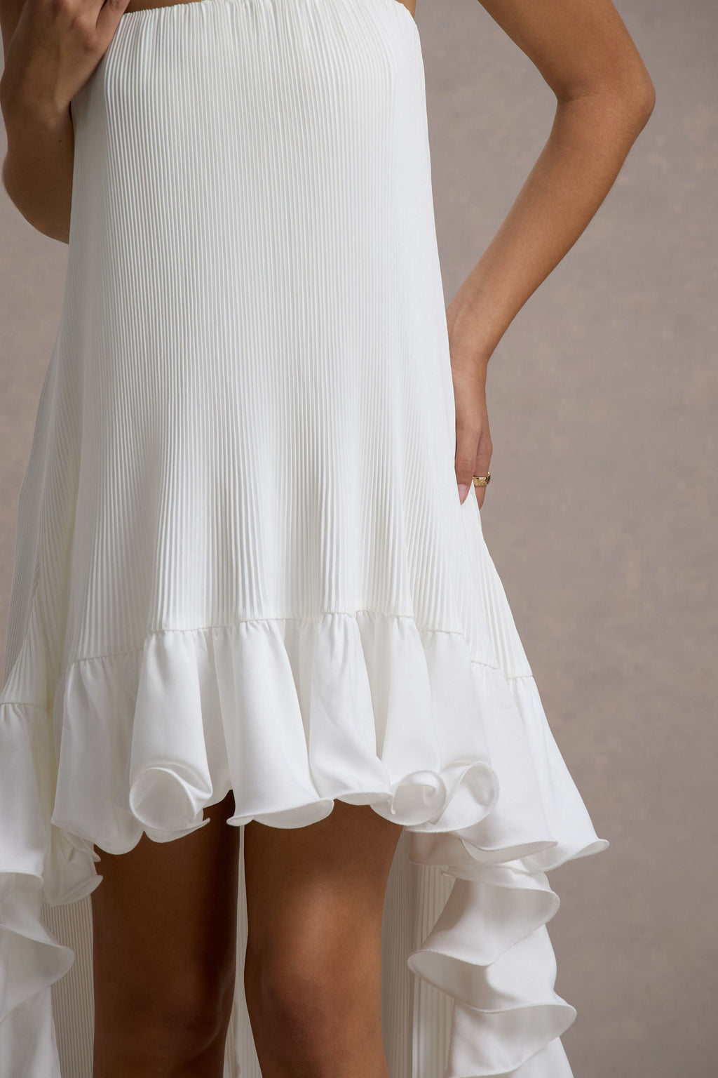 Whistler | White Chiffon Bandeau High-Low Ruffled Maxi Dress