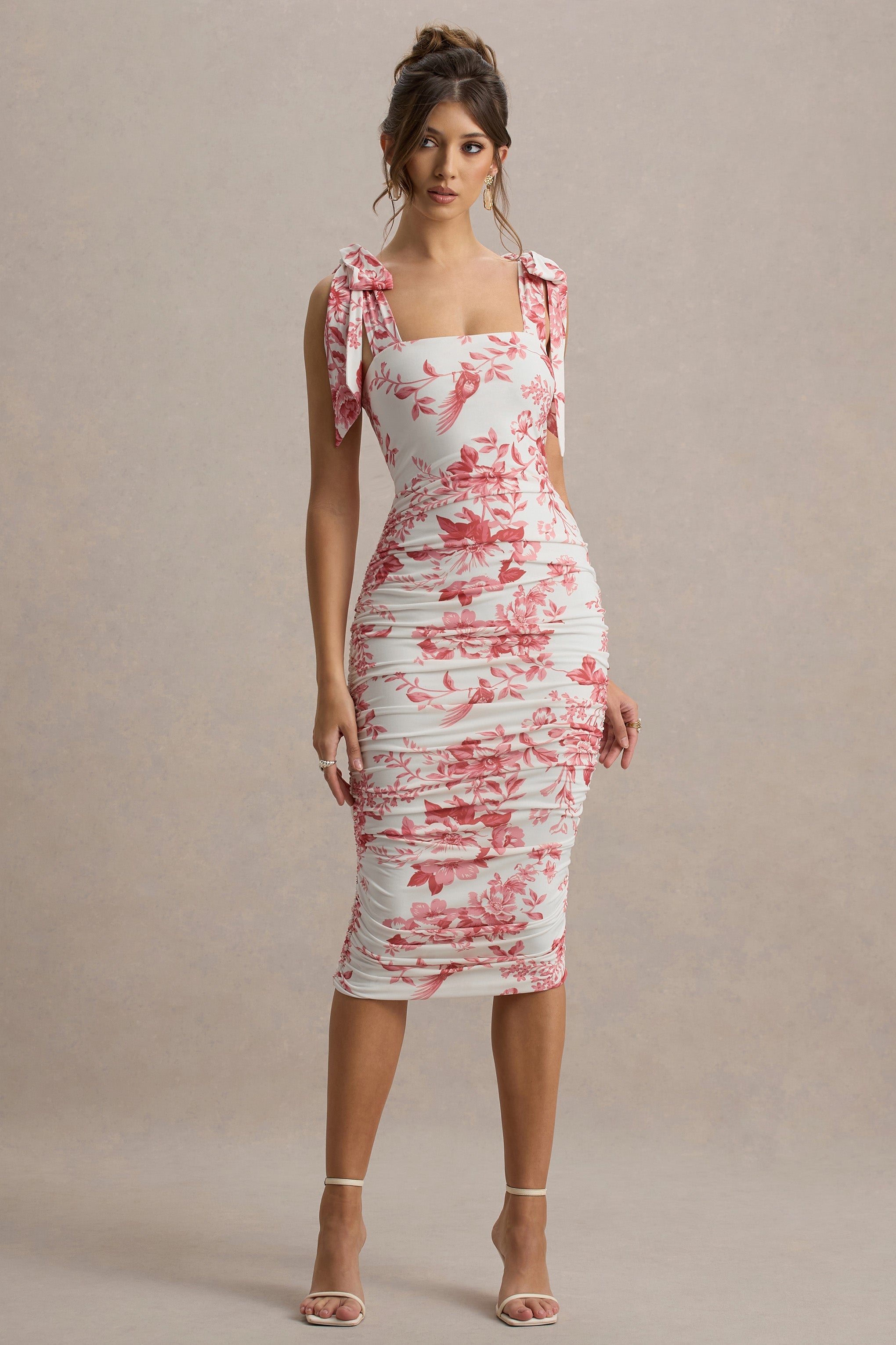 Cordelia | Pink Porcelain Print Bodycon Midi Dress With Bow Straps