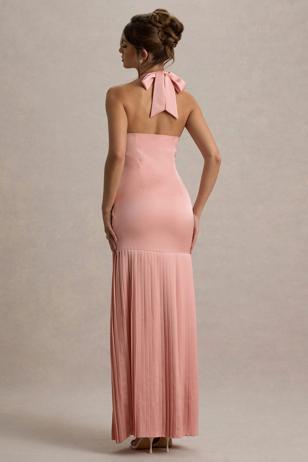 Sansa | Light Pink Satin Cross Halter-Neck Plisse Maxi Dress