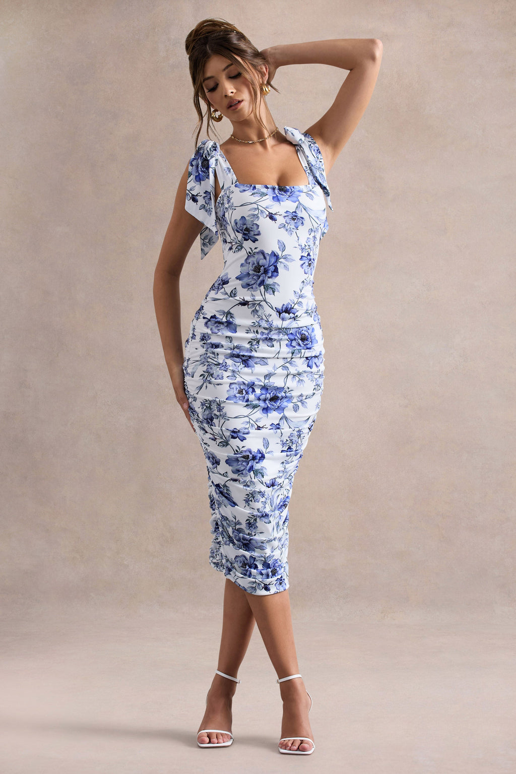 Cordelia | Blue Porcelain Print Bodycon Midi Dress With Bow Straps
