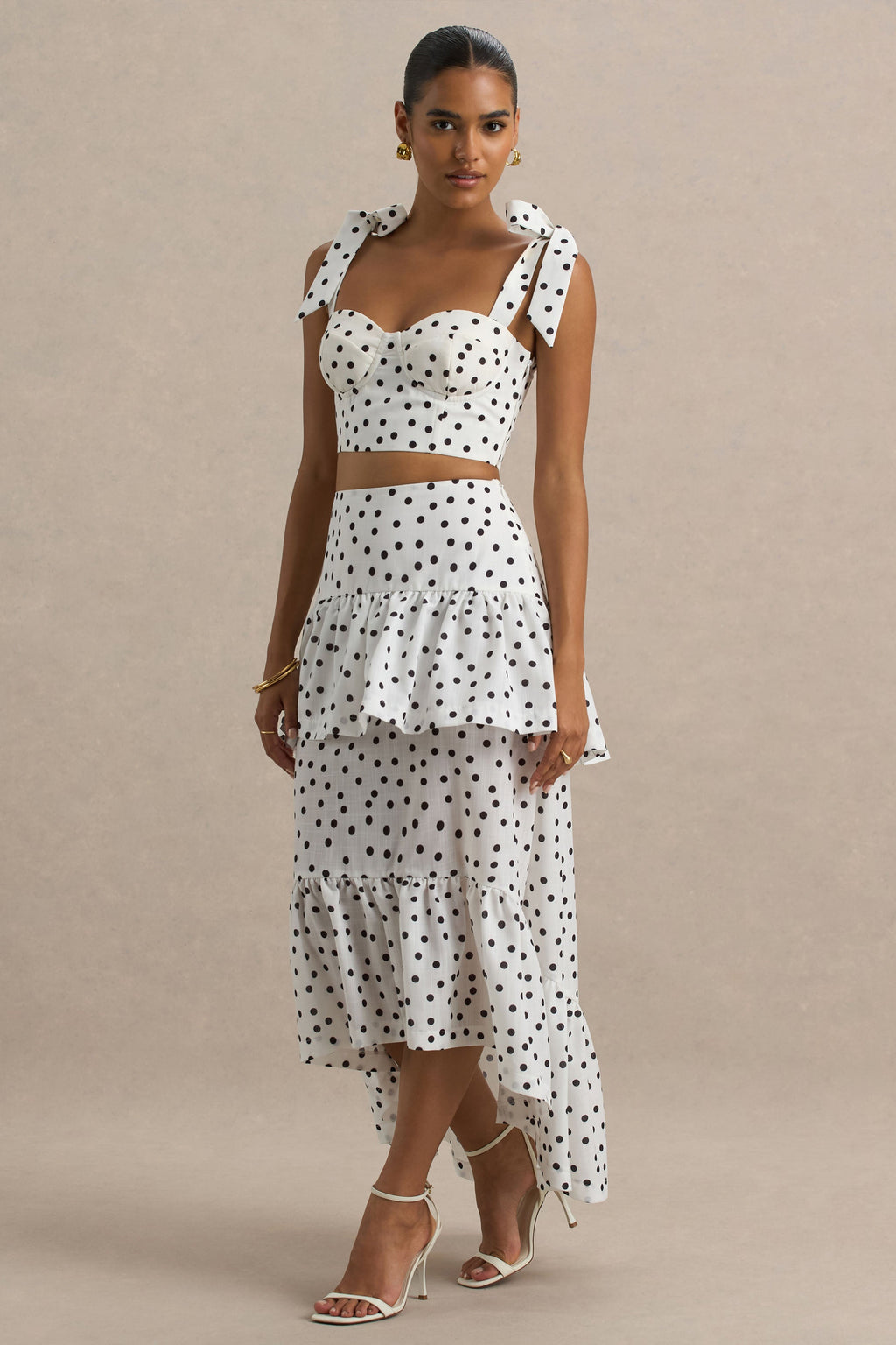 Emry | White Polka Dot High-Waist Maxi Skirt With Ruffle Detail