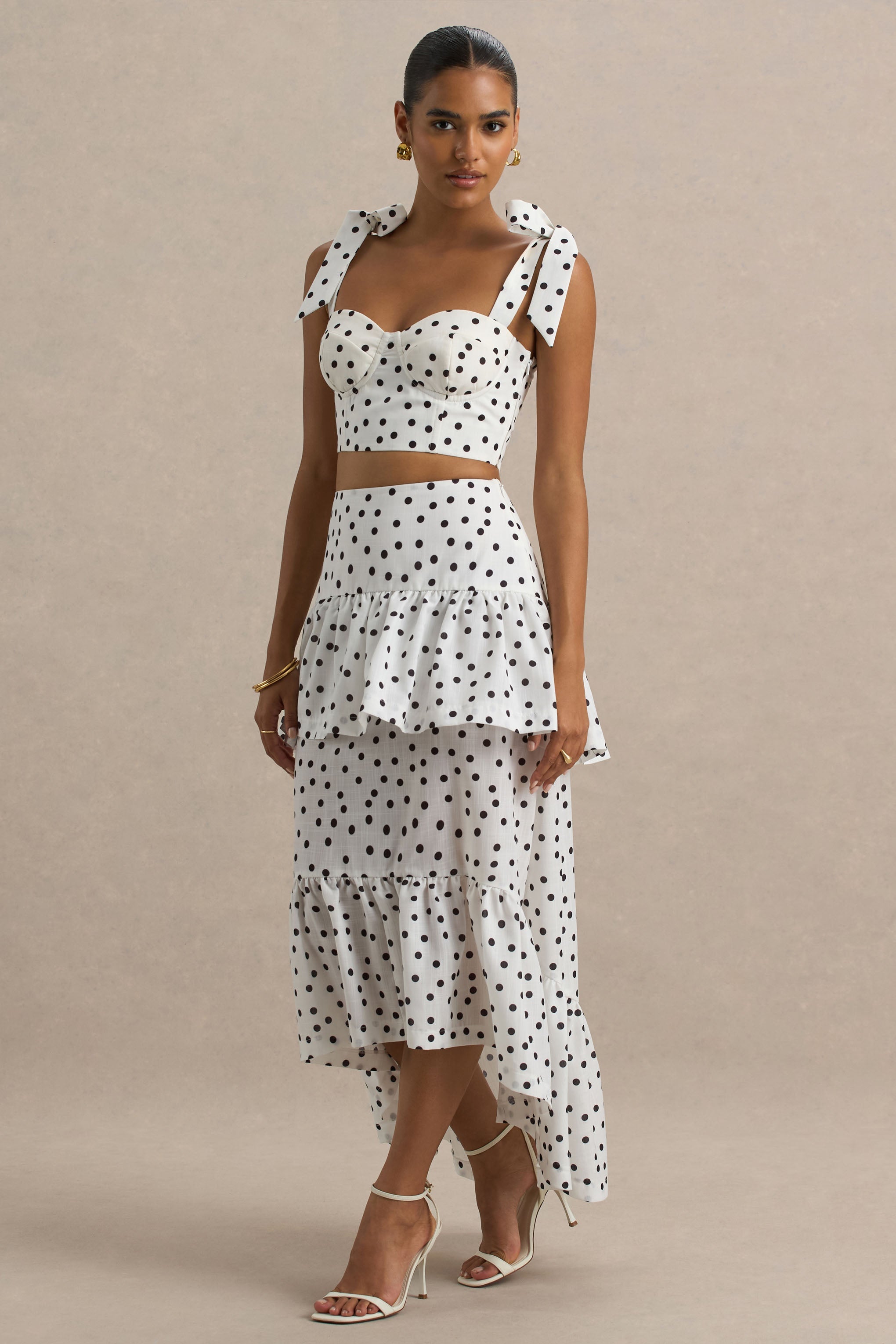 Emry | White Polka Dot High-Waist Maxi Skirt With Ruffle Detail