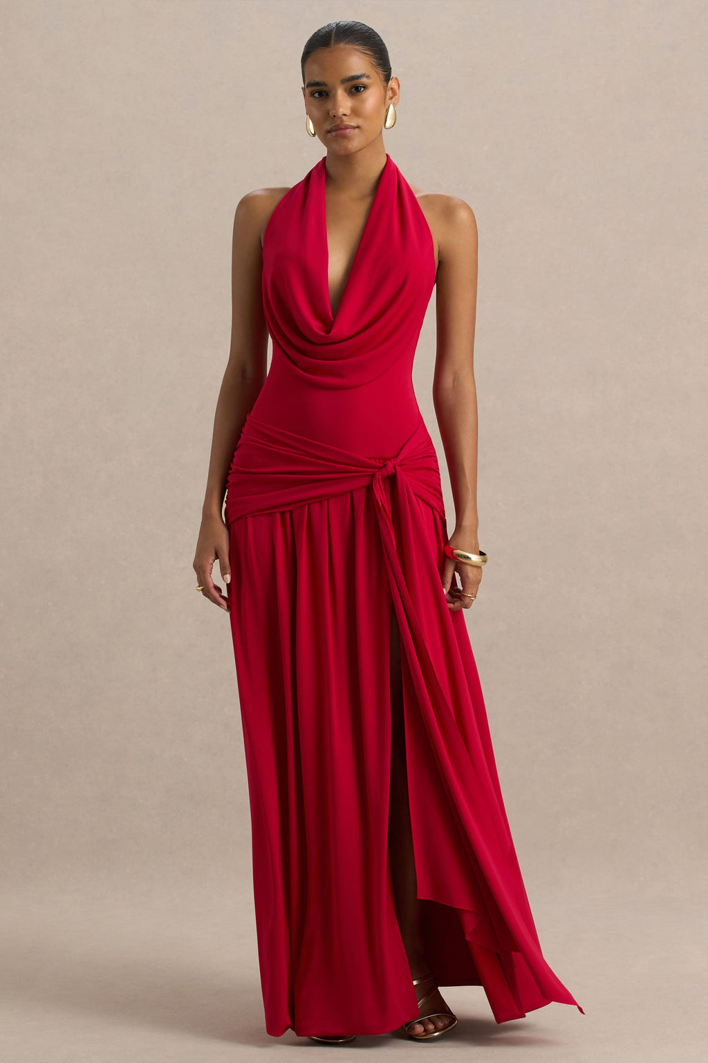 Mist | Red Plunge-Neck Maxi Dress With Sash Detail And Front High Split