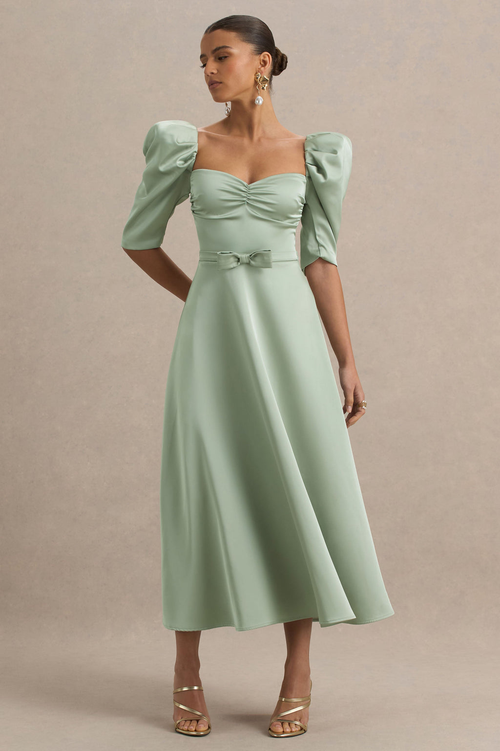 Rosey | Green Satin Sweetheart Midi Dress