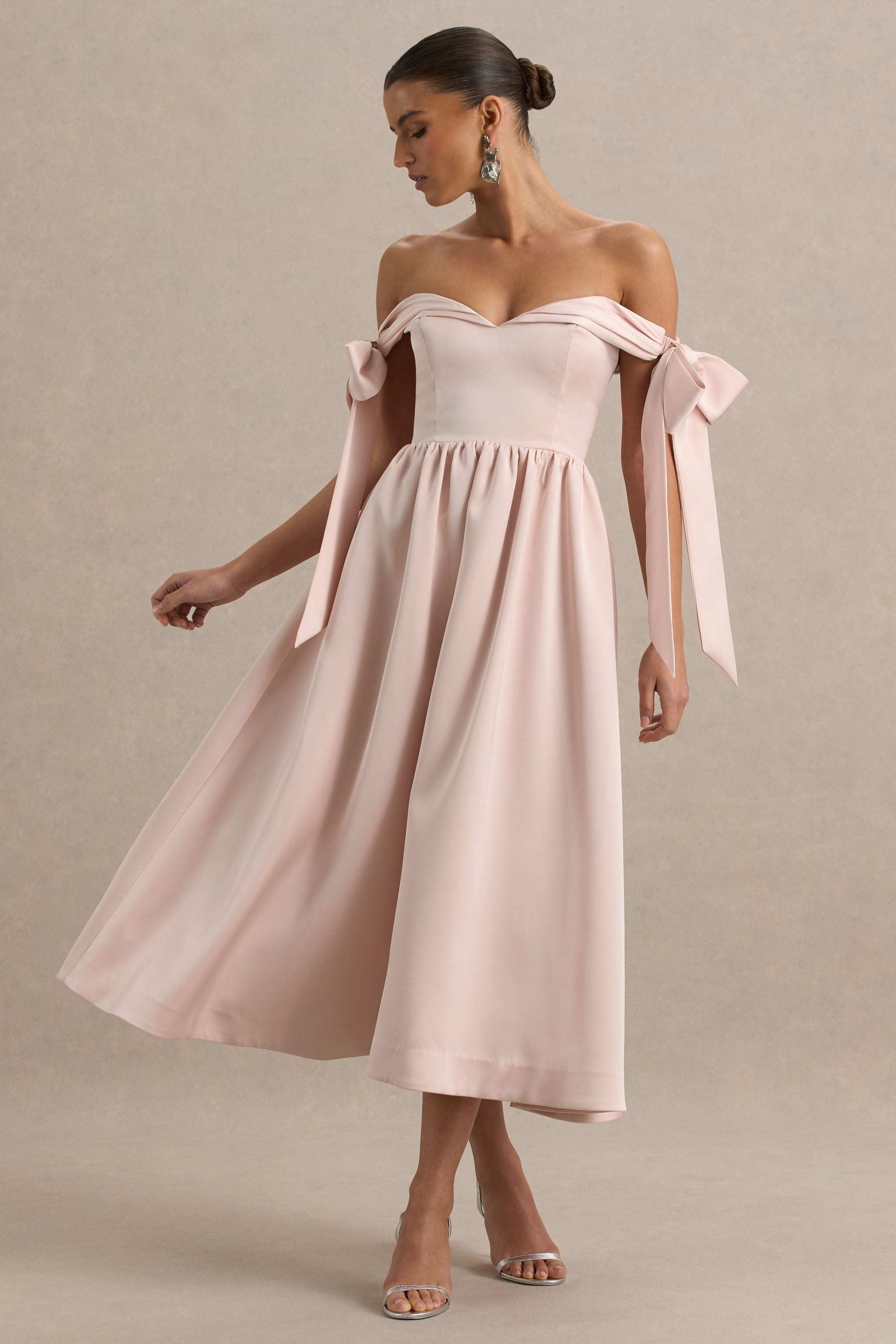 Agafay | Rose Pink Satin Short-Sleeve Bardot Wrap Midi Dress With Bow Detail