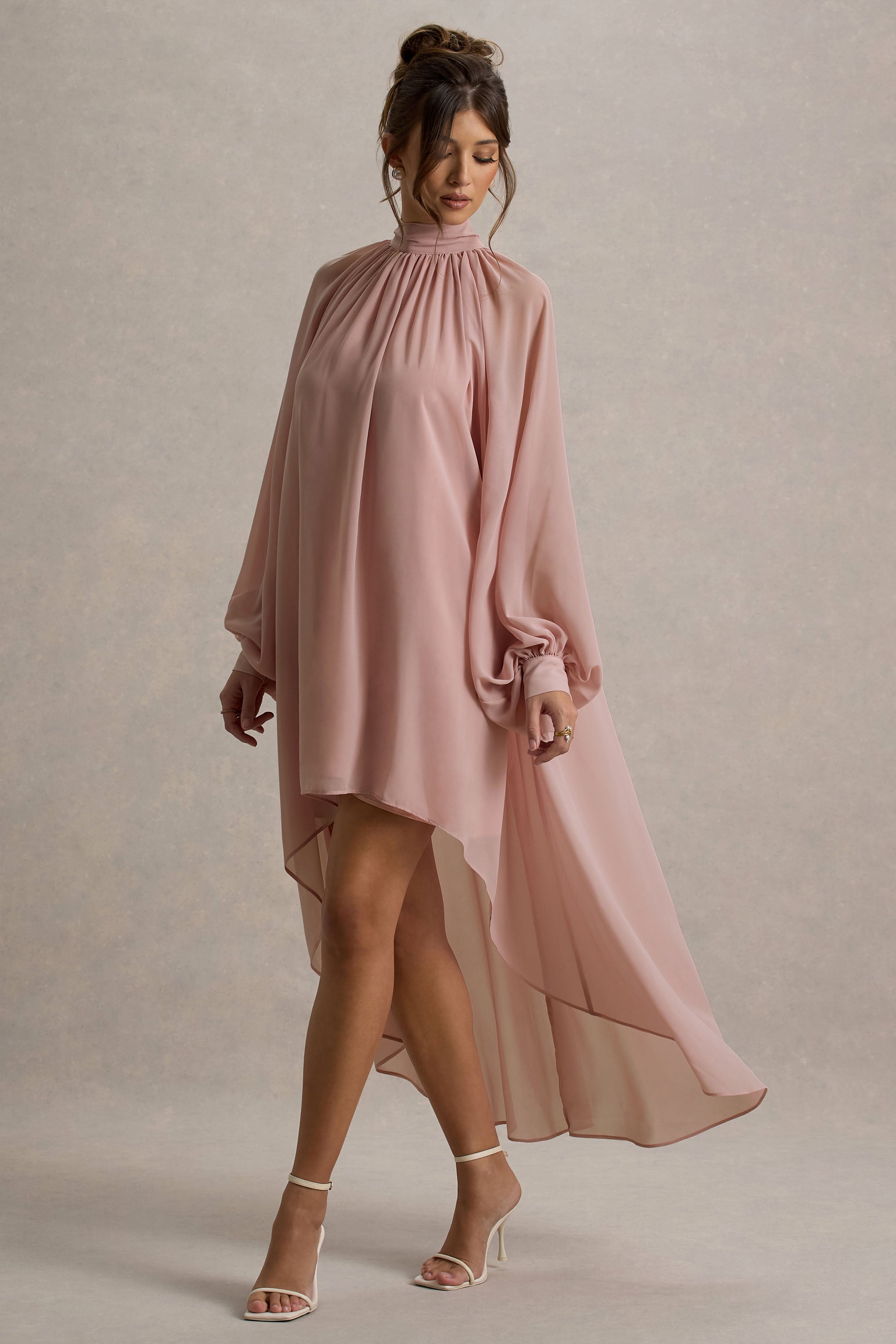 Delphia | Pale Pink High-Neck Maxi Dress With High-Low Hem