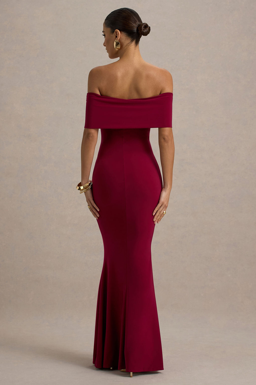Delma | Burgundy Bardot Maxi Dress With Drape Detail