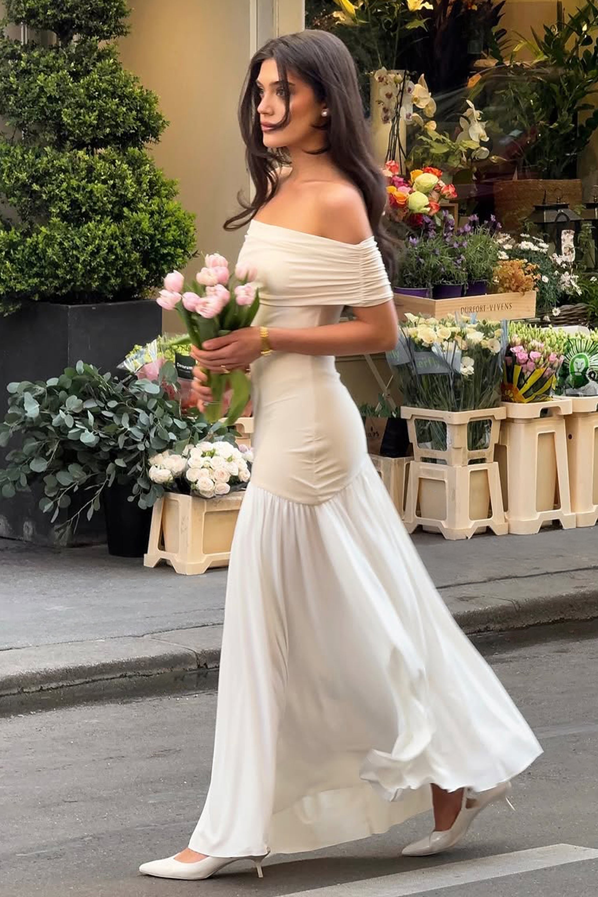 Venezia | Stone & White Bardot Puff-Skirt Maxi Dress