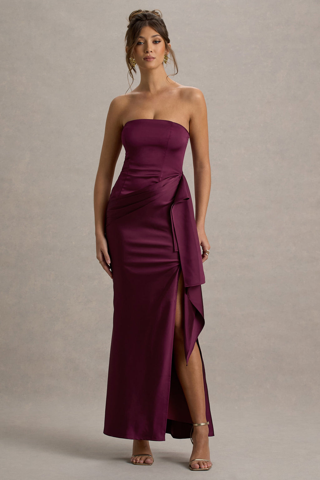 Loz | Burgundy Satin Bandeau Draped Maxi Dress