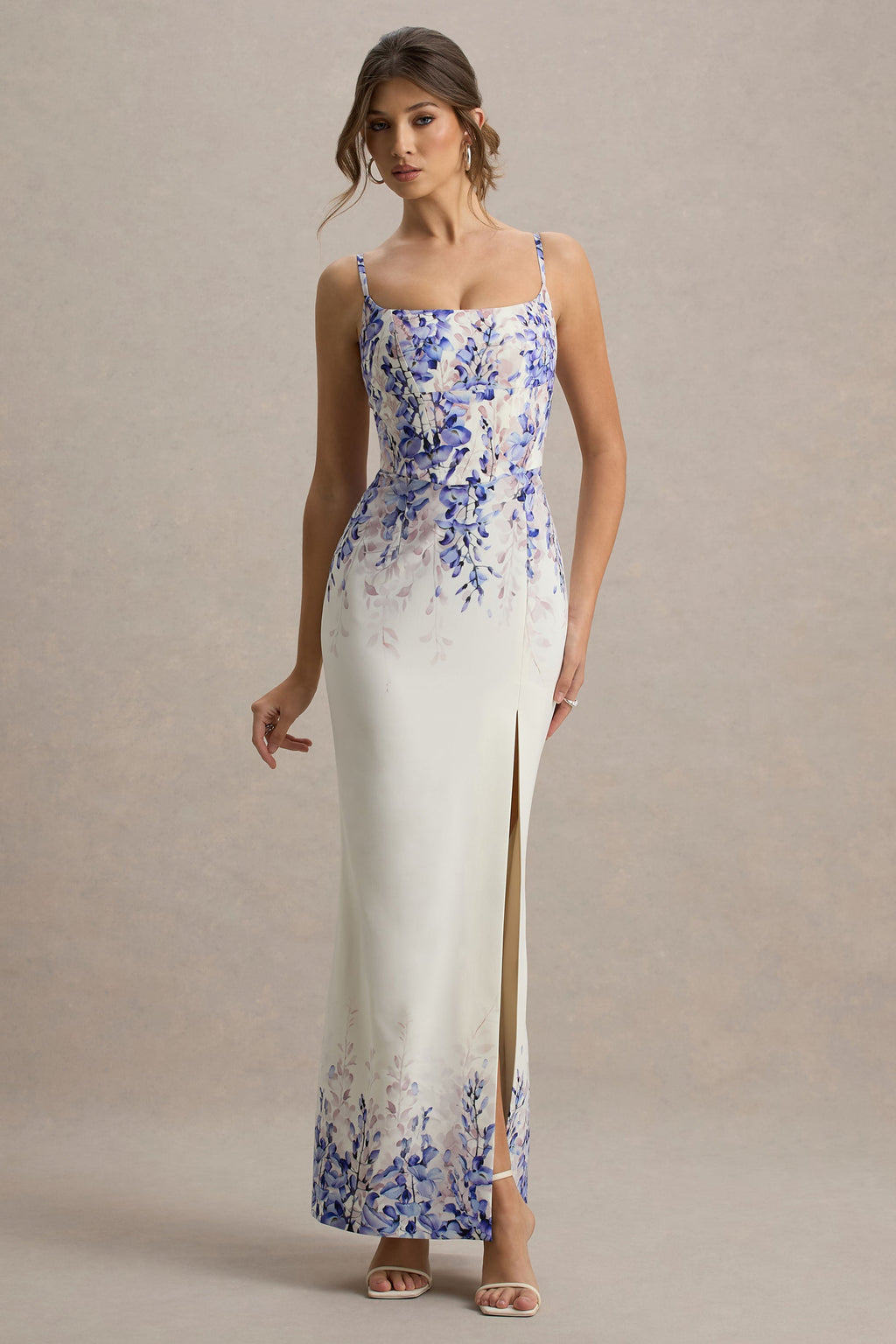 Lupita | Wisteria Print Linen Split Maxi Dress