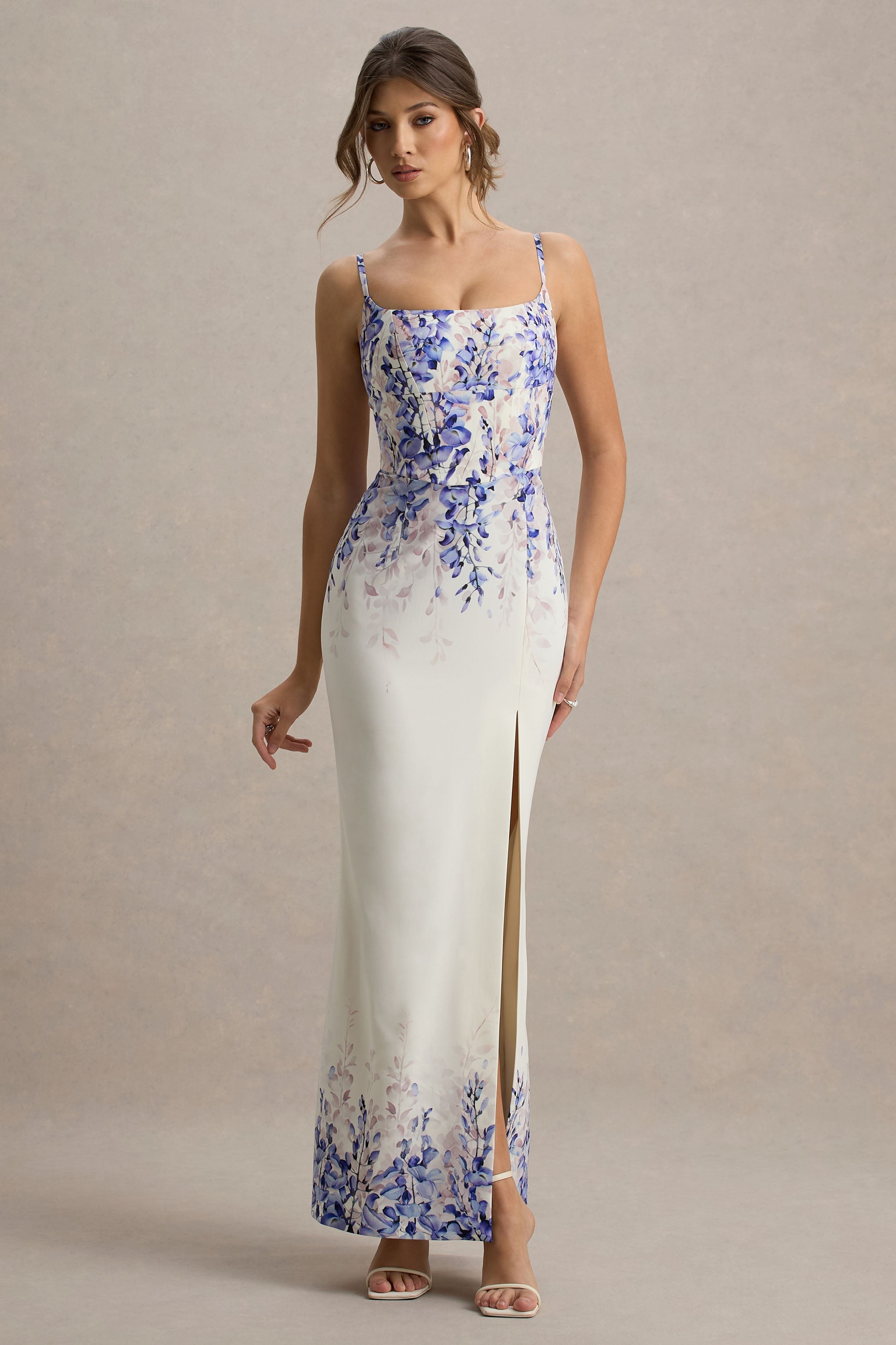Lupita | Wisteria Print Linen Split Maxi Dress