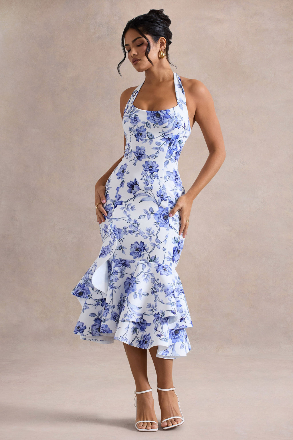 Arla | Blue Floral Print Halter-Neck Ruffle Trim Midi Dress