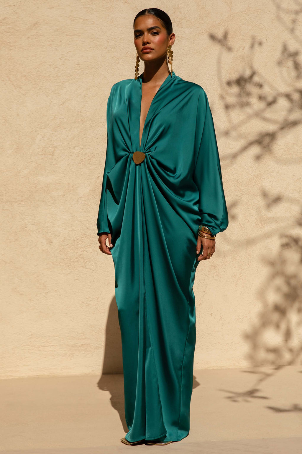Tina | Dark Green Satin Plunge-Neck Embellished Maxi Dress